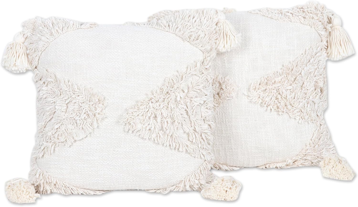 NOVICA Artisan Handmade Cotton Cushion Covers Embroidered Alabastertoned Ivory India Pillows Throws Solid Embellished [18in L x 18in W] 'Alabaster Delight' (Pair)