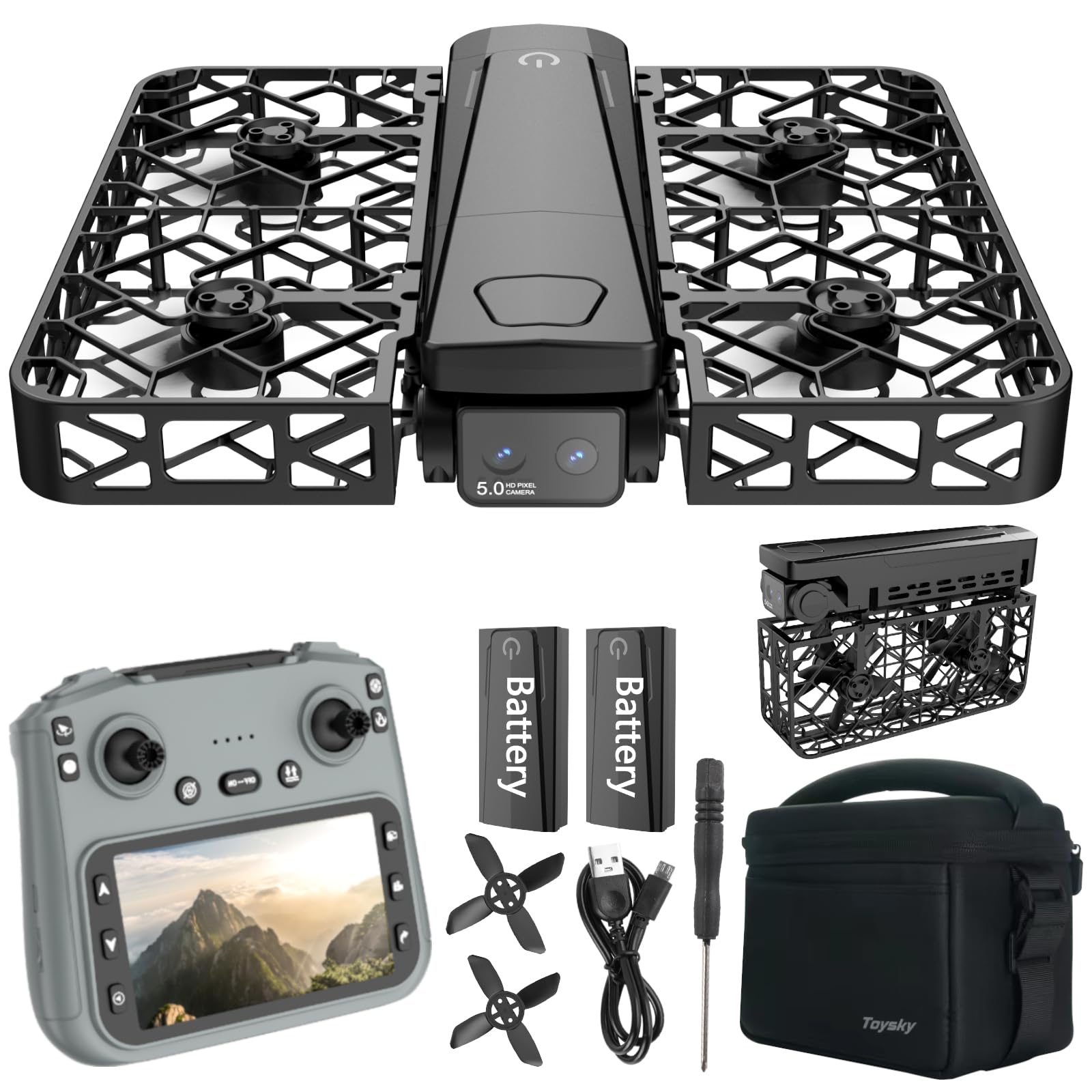 FPV Drohne mit 2K-Kamera, 4,5" Bildschirmfernbedienung Live-Übertragung, Brushless-Motor, Höhenhaltung, Ein-Tasten-Start, 360° Flip, für Anfänger, 2 Akkus, sicheres Vollschutzgitter, faltbarer Körper