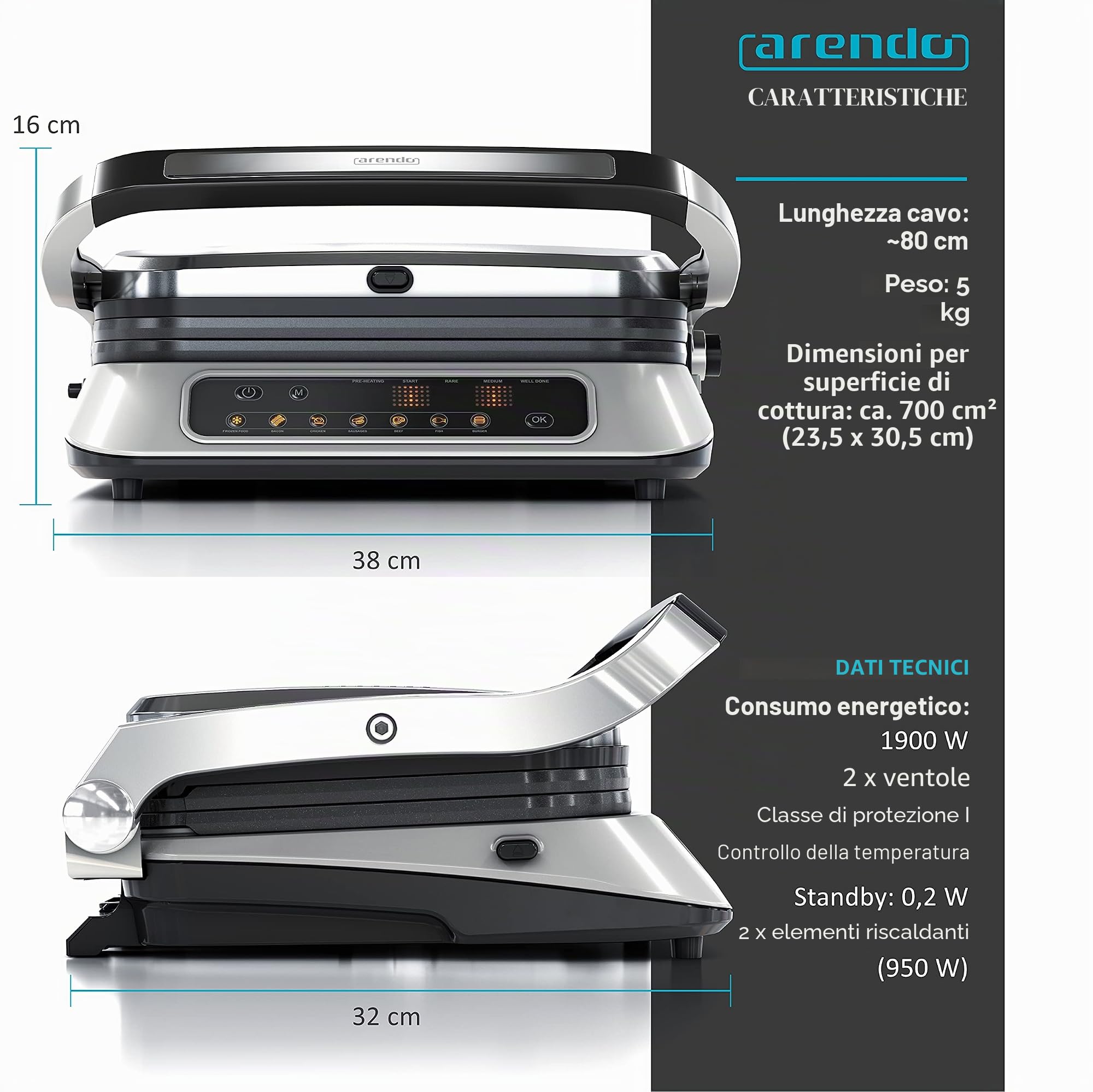 Arendo - Griglia elettrica a contatto, con controllo digitale, 1900 W, 7 programmi, in acciaio INOX con rivestimento antiaderente, piastre removibili, GS