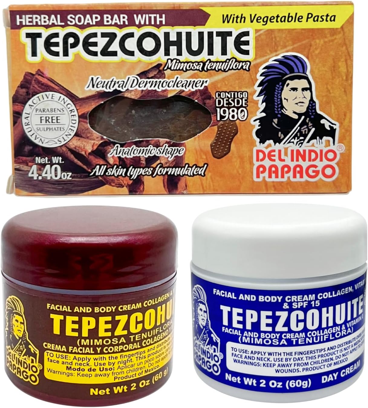 Del Indio Papago Set of 2 Tepezcohuite Creams and 1 Bar soap El by Unknown