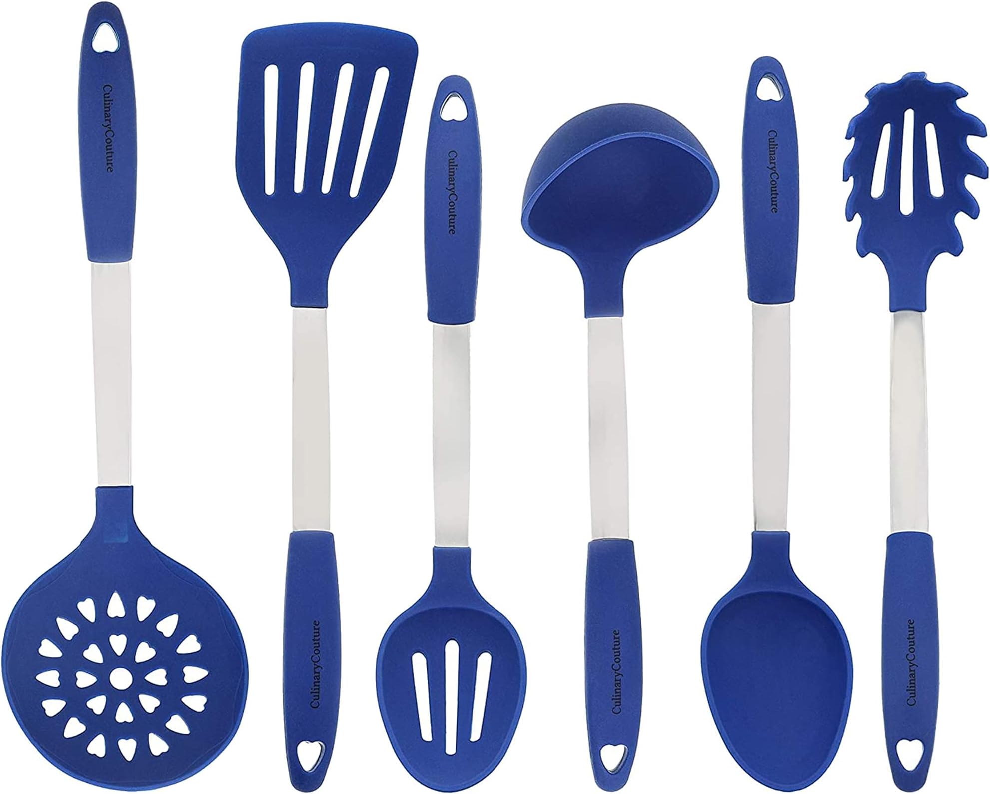 Blue Kitchen Utensil Set - Stainless Steel & Silicone Heat Resistant Professional Cooking Tools - Spatula, Mixing & Slotted Spoon, Ladle, Pasta Fork Server, Drainer - Bonus Ebook!