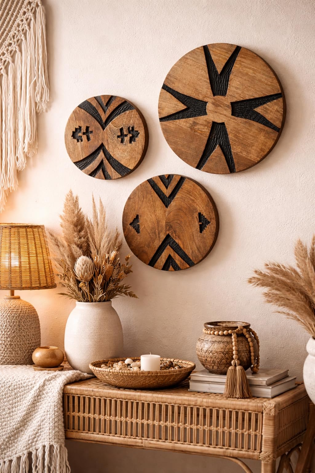 MF Wanddeko Holz Dalane, 3er Set, Rund, Mangoholz, Natur/Schwarz, Geometrisch, Boho Ethno, Ø 20/25/30 cm, Handgearbeitet