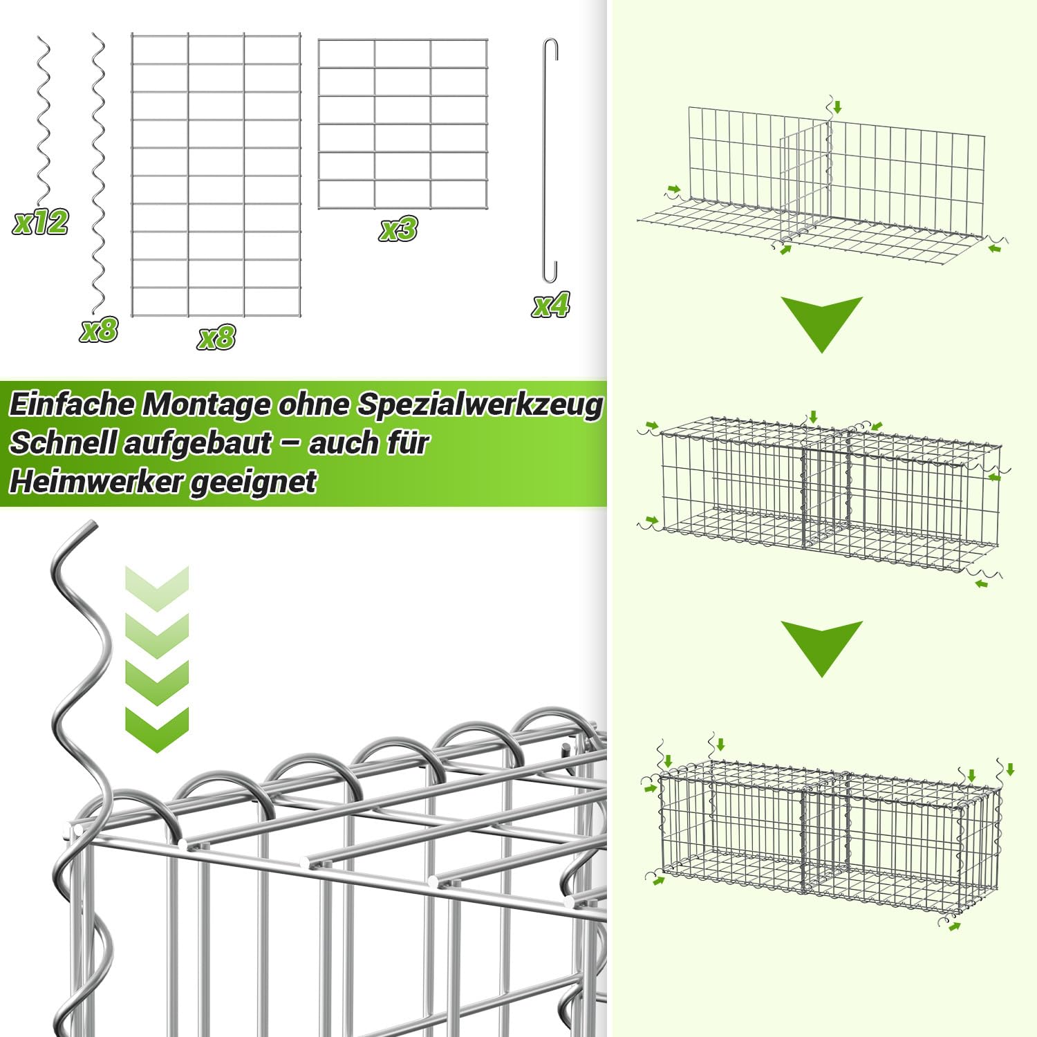 Lot de 2 gabions - 100 x 30 x 30 cm - En métal galvanisé - Pour mur, jardin, fil de 4 mm d'épaisseur - Avec maille de 5 x 10 cm