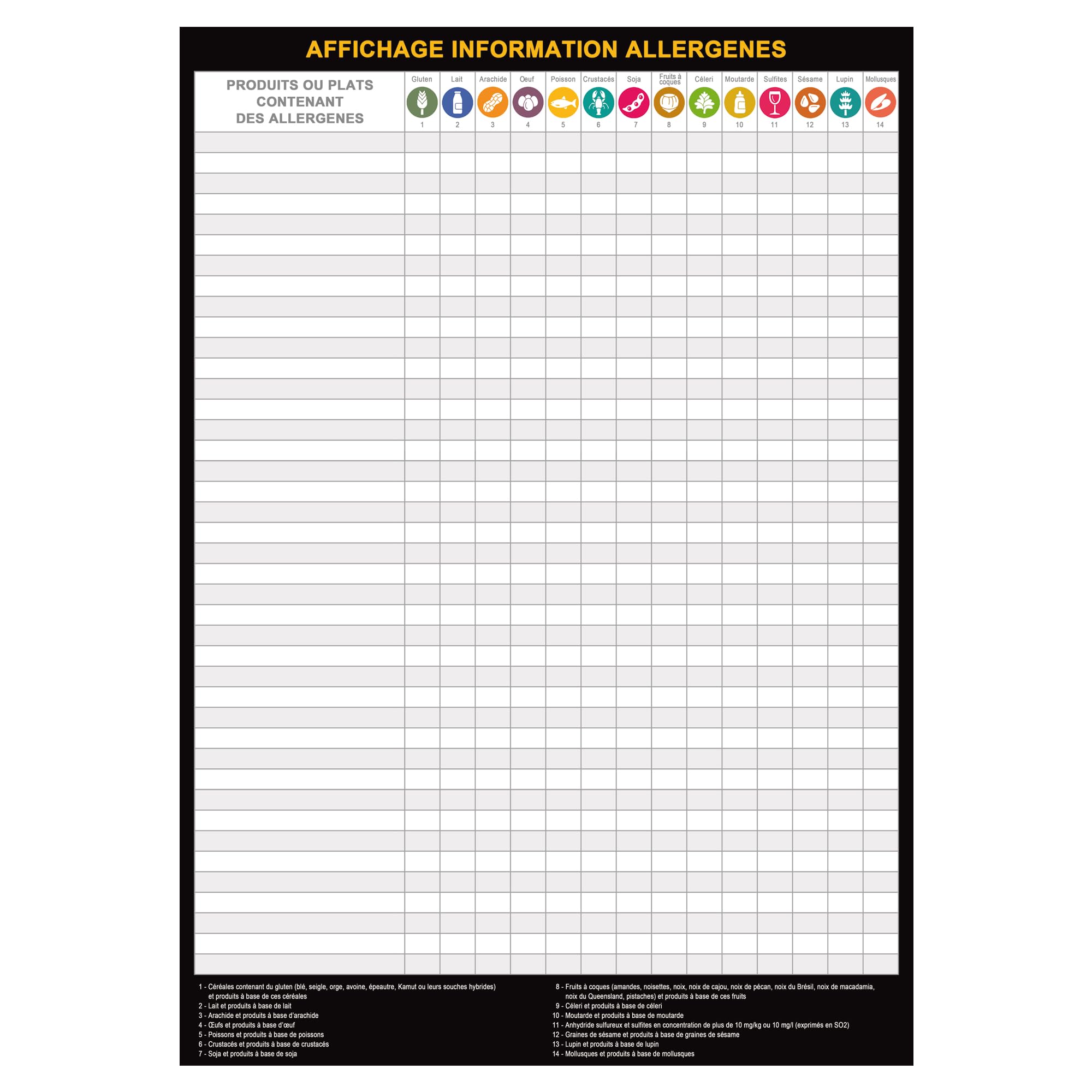 Panneau affichage obligatoire allergènes restaurant 2026 (A3 : 42x29,7 cm) - Déclaration obligatoire allergènes dans plats ou menus - A3 plastifié effaçable + feutre + pastilles adhésives (A3AllNoir)