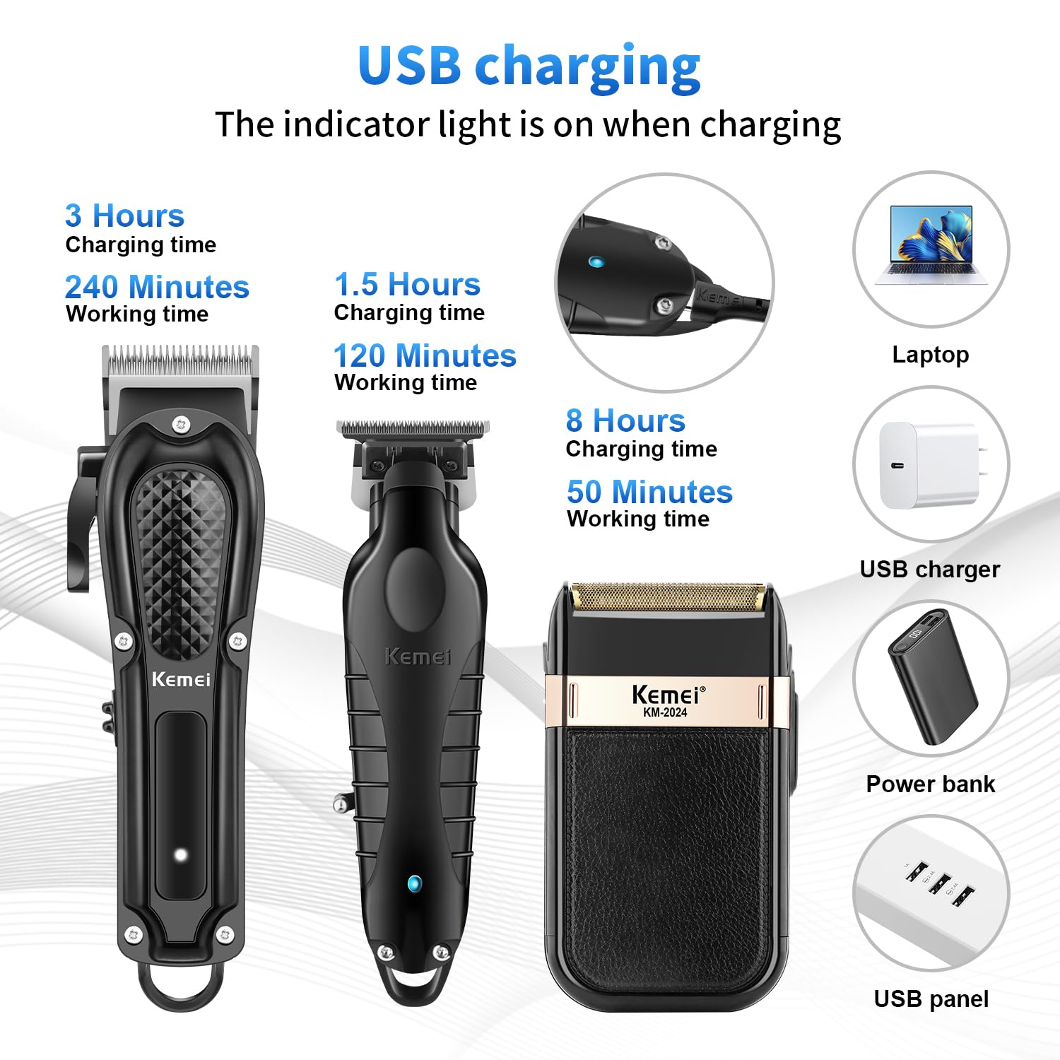 KEMEI Cortapelos profesional para hombres, inalámbrico completo de peluquería con cuchilla en T, recortadora de pelo y barba, kit completo de corte de pelo eléctrico con 9 guías, recargable por USB