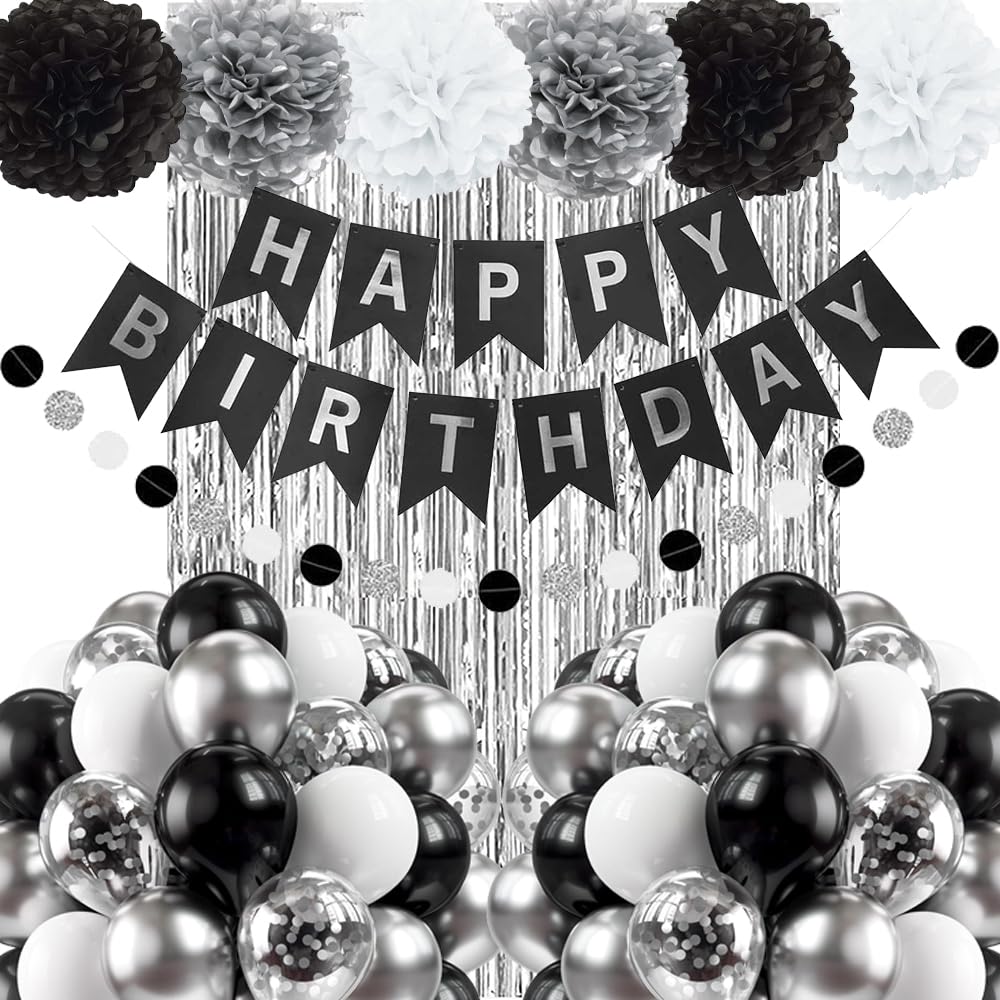 Geburtstag Dekoration Set, Mann Frauen Geburtstagsdeko, Schwarz Silber Happy Birthday Banner, Luftballons DIY Party Papier Pompoms Lametta Vorhang für Jungen Mädchen Geburtstag Deko Party Supplies