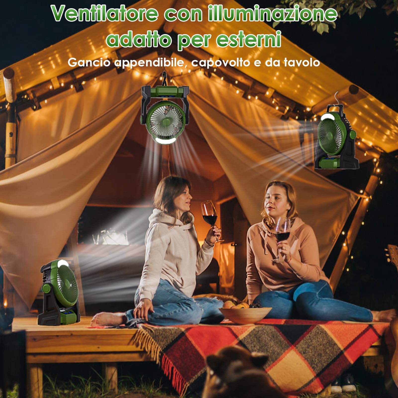 GuKKK 15000mAh Ventilatore da Campeggio con Luce LED, 3 Velocità Ventilatore Portatile con Gancio,Timer, Ventilatore Ricaricabile con Rotazione 270°, Ventola USB per Casa Esterno Campeggio Tende