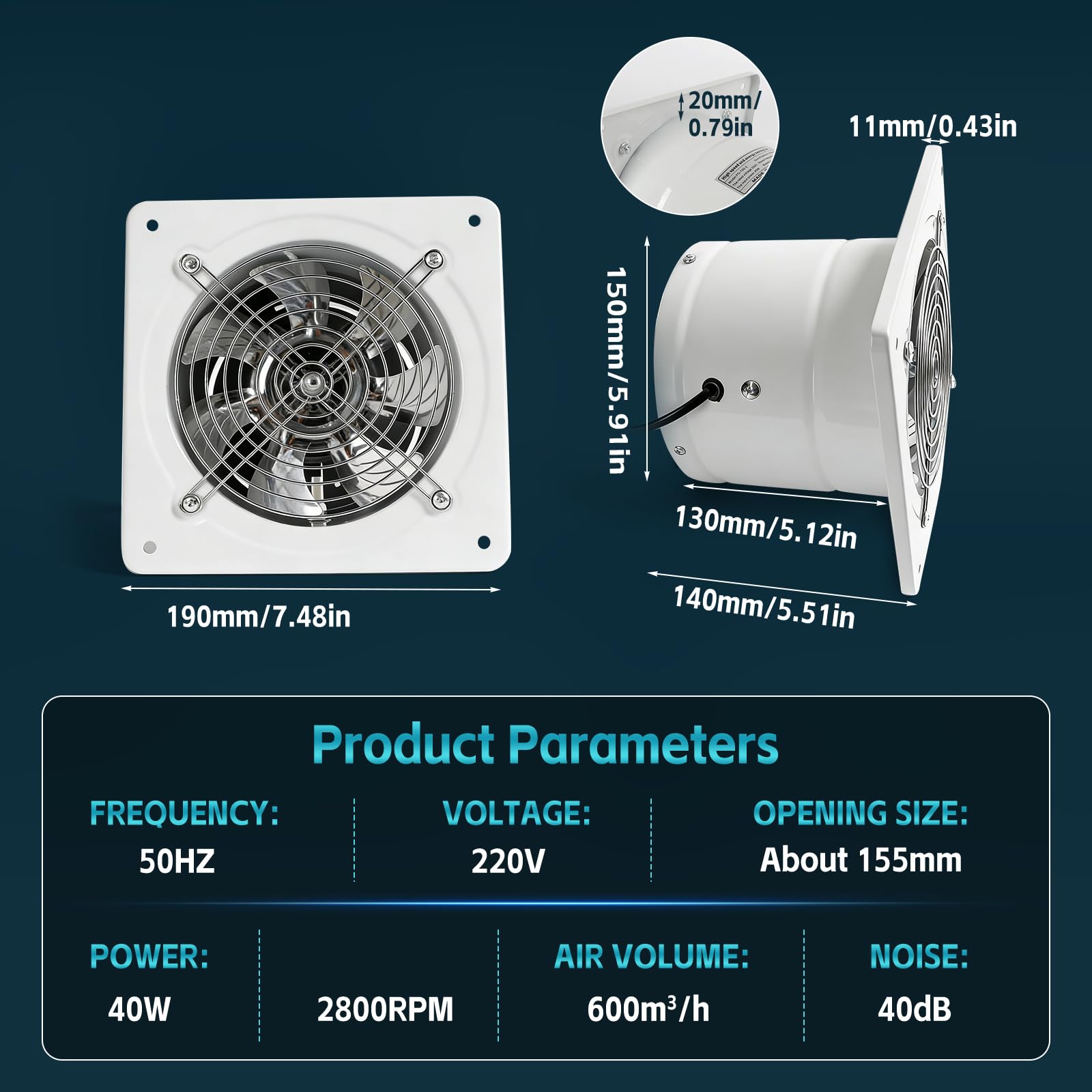 Ventilador extractor de 150 mm, 600 m³/h, silencioso, con interruptor, enchufe, válvula antirretorno, 40 W, ventilador de pared industrial, calidad de aire mejorada, para baño, cocina y garaje