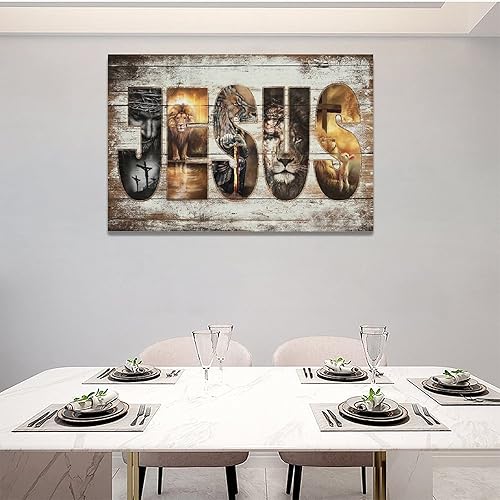 Vista 31 de Póster en lienzo con imágenes de Jesús, león y cordero, impresión en lienzo con texto en inglés "God Bible Christian Religios" para pared, pintura