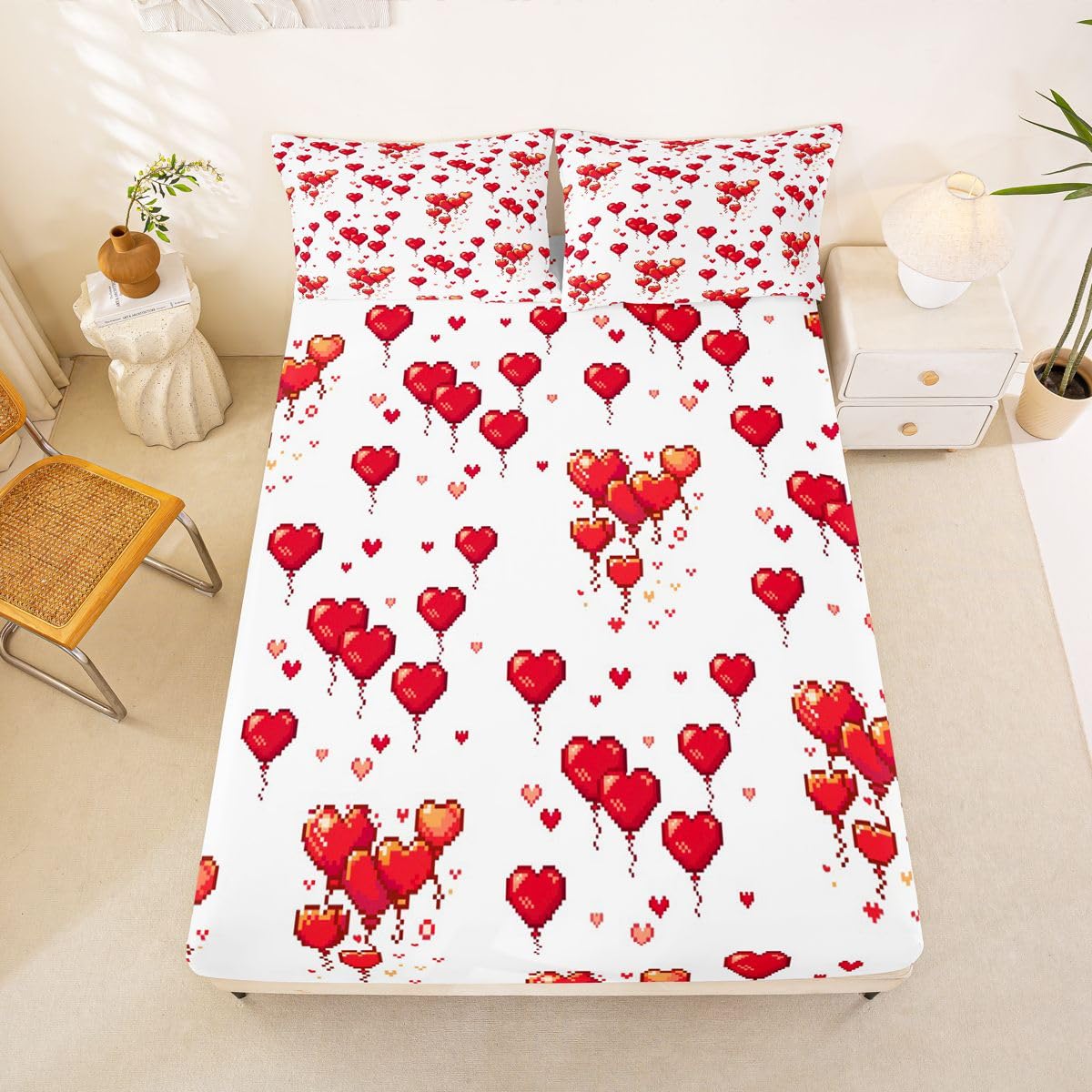 Homewish Pikselowa miłość serce prześcieradło King Girl śliczne czerwone balony prześcieradła retro romantyczne serca zestaw pościeli dla dzieci chłopców dziewcząt, estetyczna grafika narzuta na łóżko
