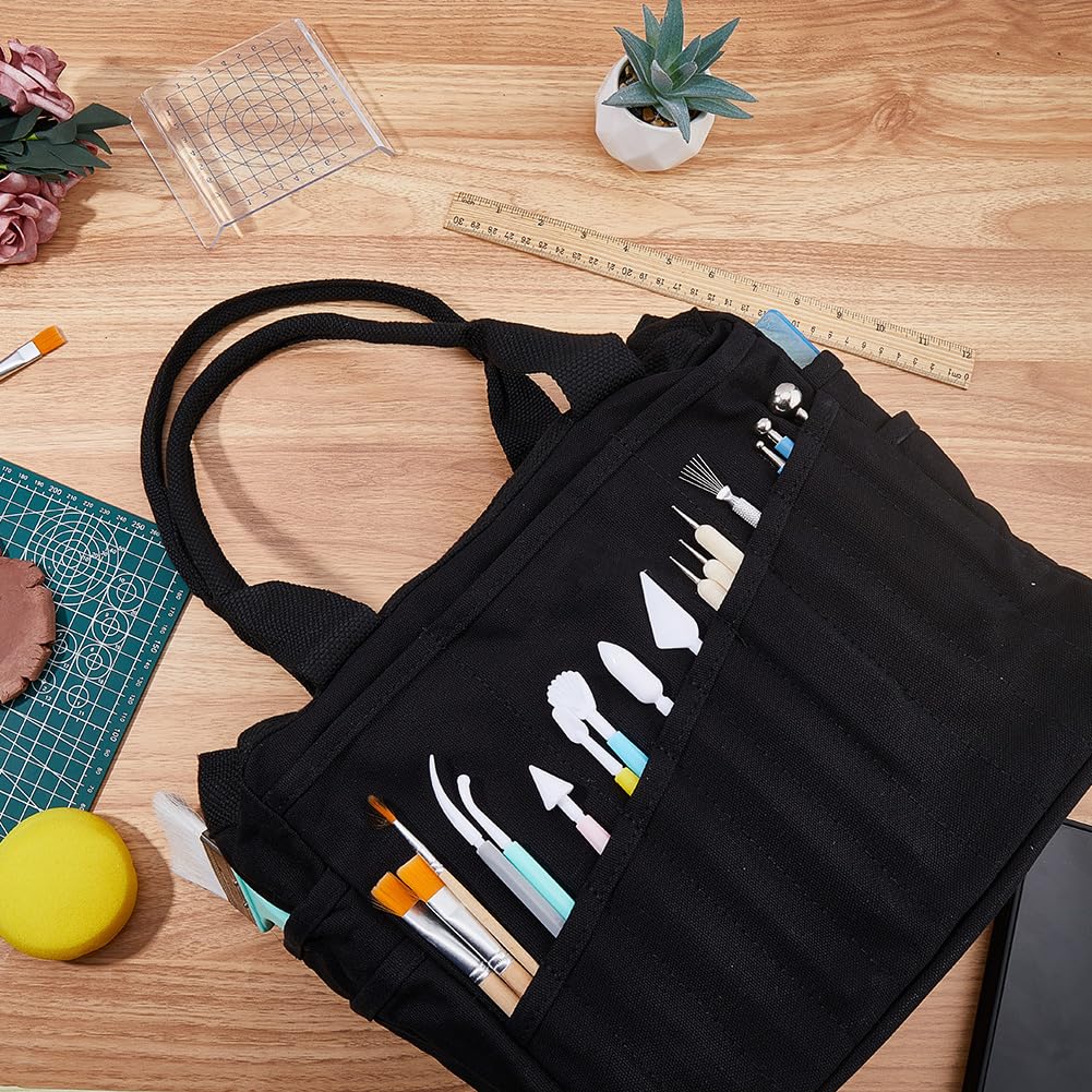 INFUNLY Kit di attrezzi per ceramica 30,5 x 17,7 x 20,3 cm, tela nera, per strumenti per scolpire l'argilla, con 22 tasche, due divisori interni, lavabile, regalo artistico per adulti Love Art