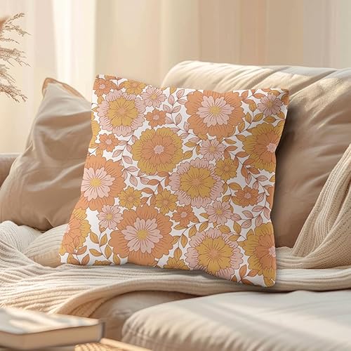 Fundas de almohada retro naranja hippy floral de los años 70 de 18 x 18 pulgadas, decoración del hogar de los años 70, fundas de almohada florales