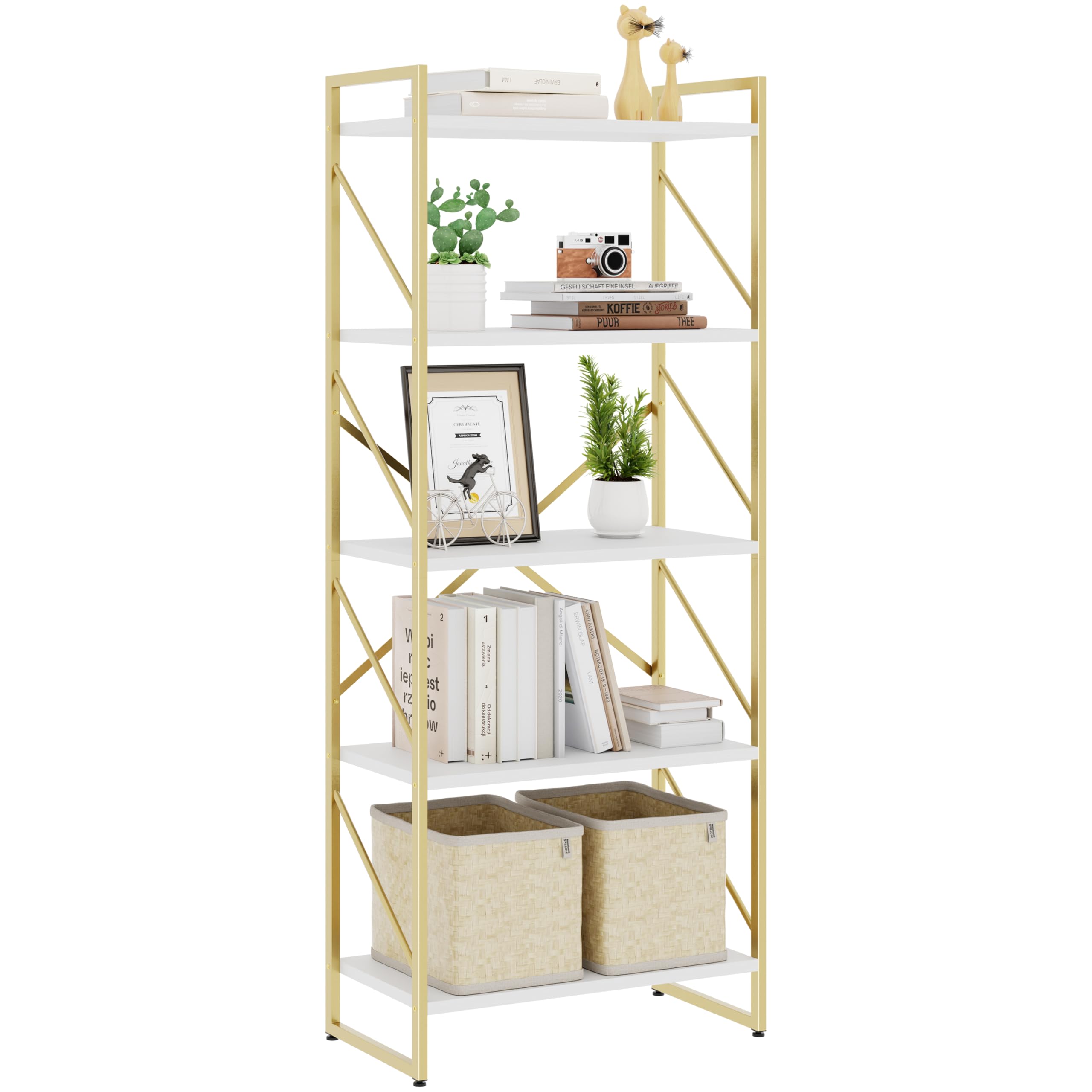 Bookshelf, 5 Tier Bookshelves, Home Office Bookcase Shelf Storage Organizer, Free Standing Storage Shelving Unit for Bedroom, Living Room and Home Office,Rustic Brown