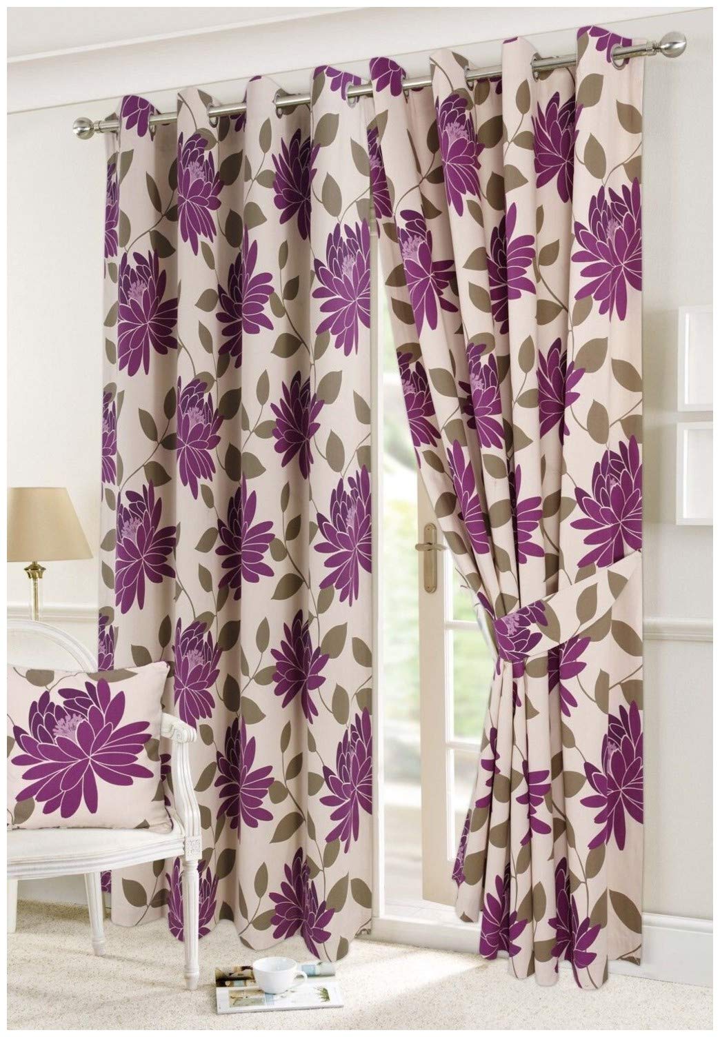 Hendem Tradings® Ring Top Curtains Thick Poly-Cotton Floral Print Eyelet Lined Pair Curtain (Seren Wine, 46" x 72") — image 1