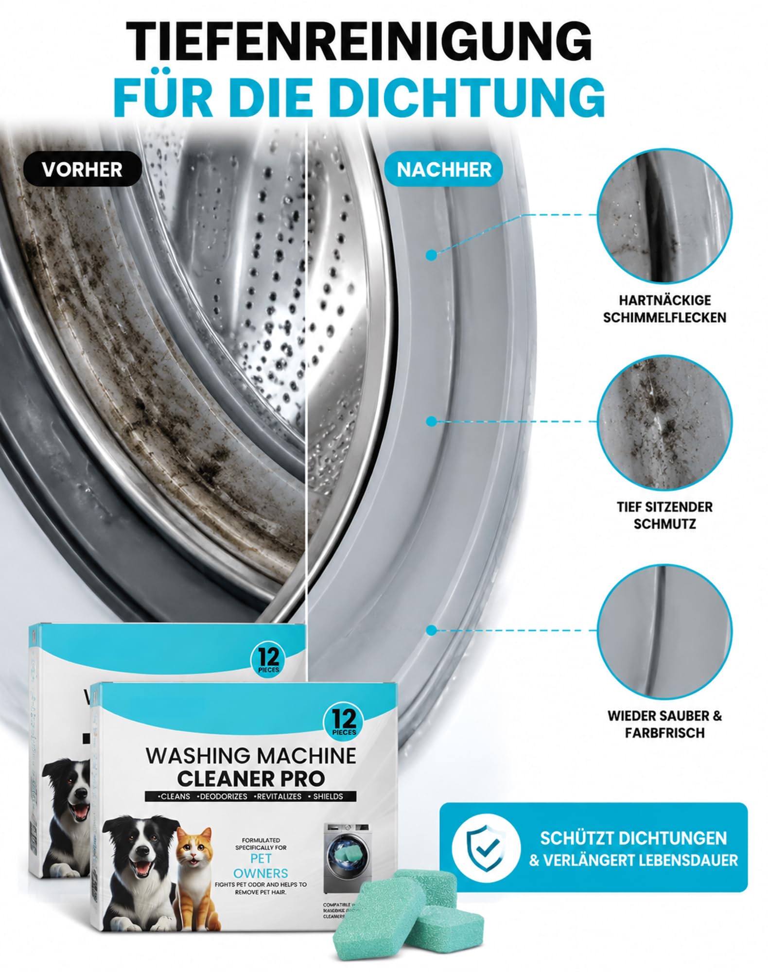 Fellex Waschmaschinenreiniger Pro, 36 pcs mit Keratinase Tierhaare | KeraCLEAN Reiniger Hundedecken-Tiefenwirksame Tabs löst Tiergerüche und Schmutz in Trommel und Dichtungen nach Haustierwäsche