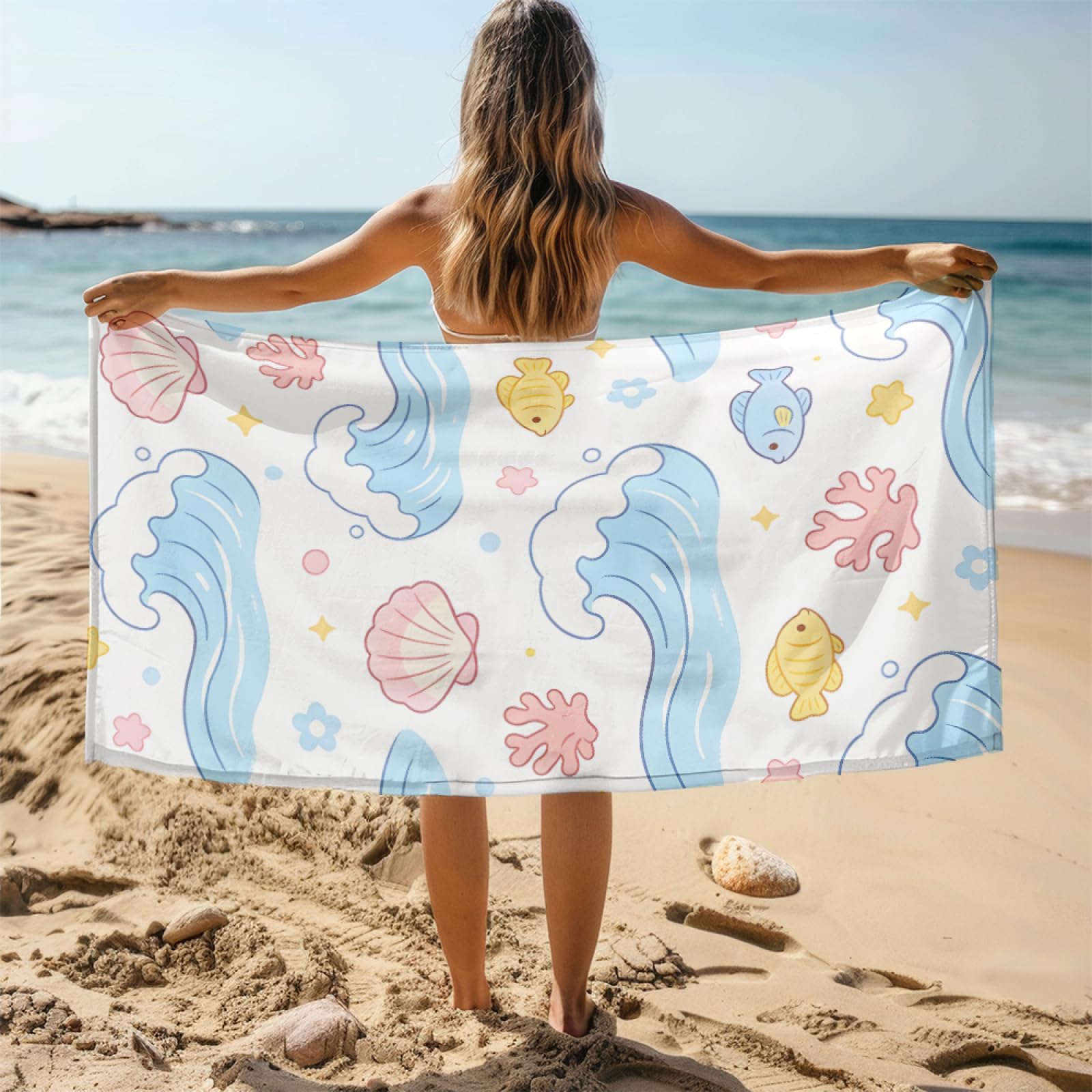 Fouta PlageShell De Ligne Bleue Blanche Modèle Surdimensionné avec Diverses Tailles, Respirante et Portable, Parfaite pour Voyages Sorties Piscine et Usage Extérieur Quotidien 90x160 cm