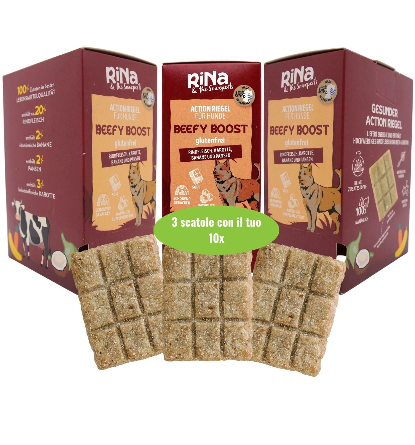 RiNa Beefy Boost snack morbidi per cani manzo, carota, trippa 3 x 300 g