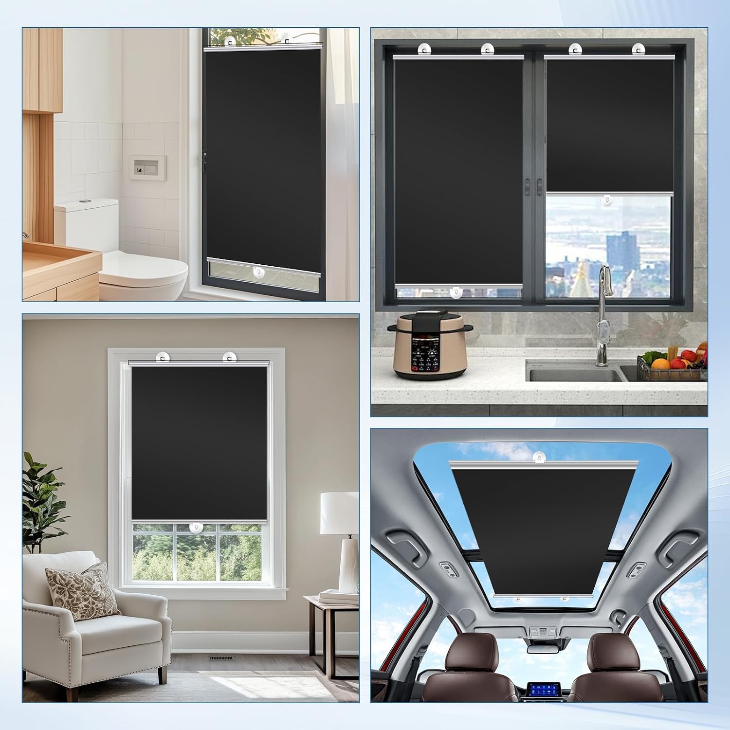 2 Pcs No Drill Blackout Roller Shades with Suction Cups