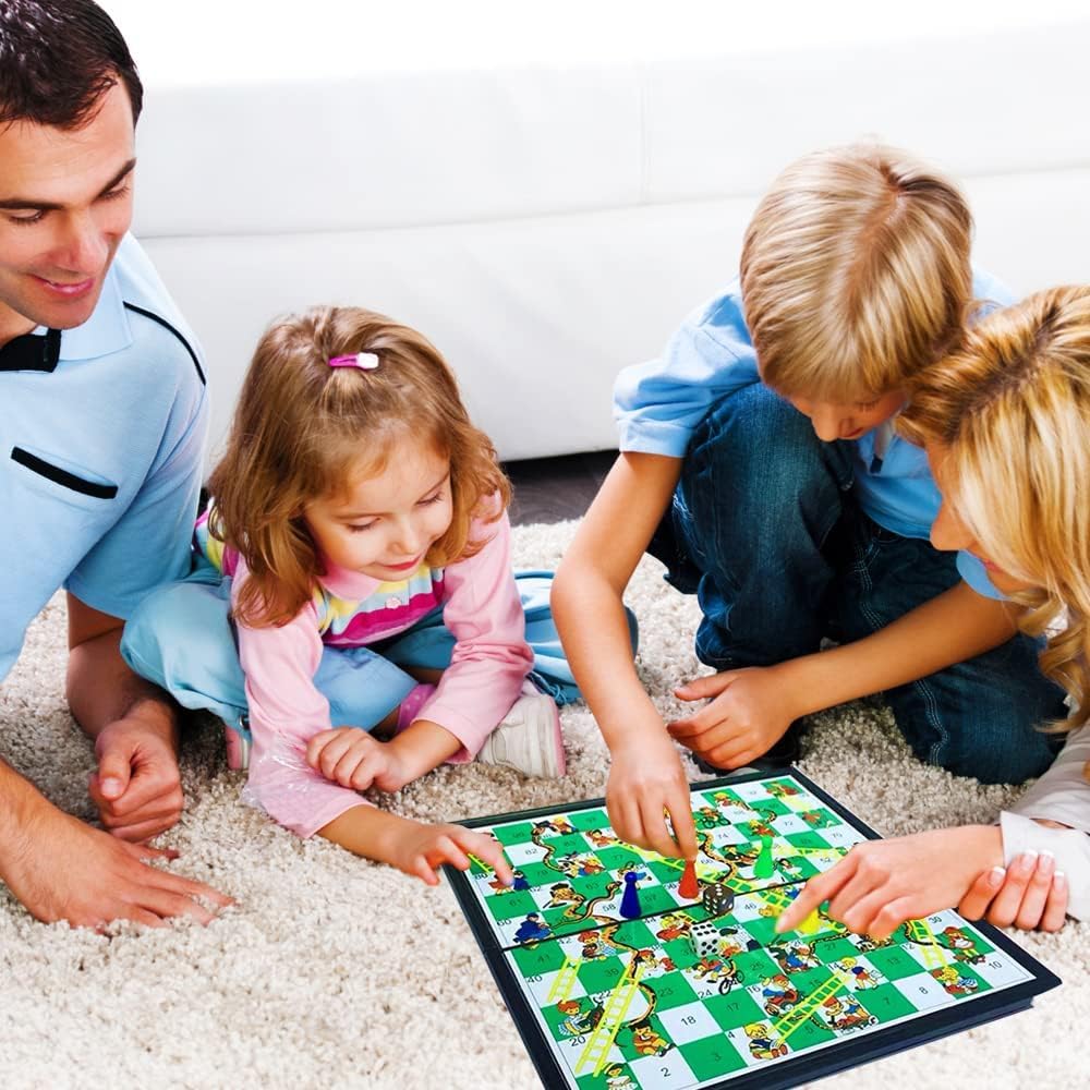 Snakes and Ladders,Gioco da tavolo magnetico,pieghevole e compatto per bambini; set di pedine da scacchi da viaggio per principianti con custodia portatile