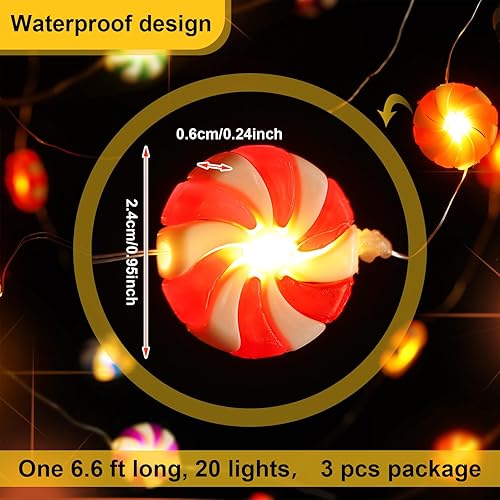 Miniatura 9 de Bencailor Paquete de 3 tiras de luces de caramelo de Navidad para árbol de Navidad, luces decorativas de piruleta roja, luces colgantes en árbol,