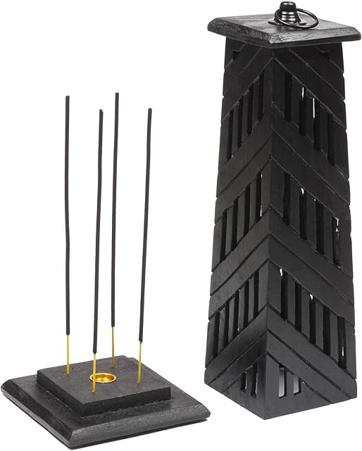 ARTISENIA Hand Carved Wooden Incense Cone Black Tower Burner Stand Holder Ash Catcher Home Decor Utilities & Accessories