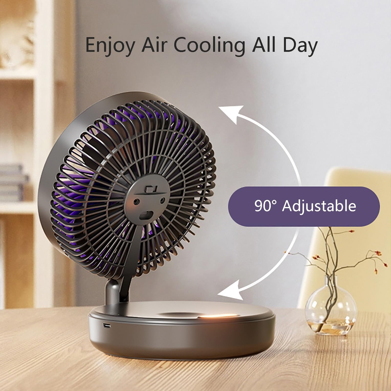 Piccolo ventilatore portatile ricaricabile con luce notturna, circolazione d'aria ultra silenziosa a 5 velocità, forte flusso d'aria per casa e ufficio, ventilatore da tavolo personale pieghevole