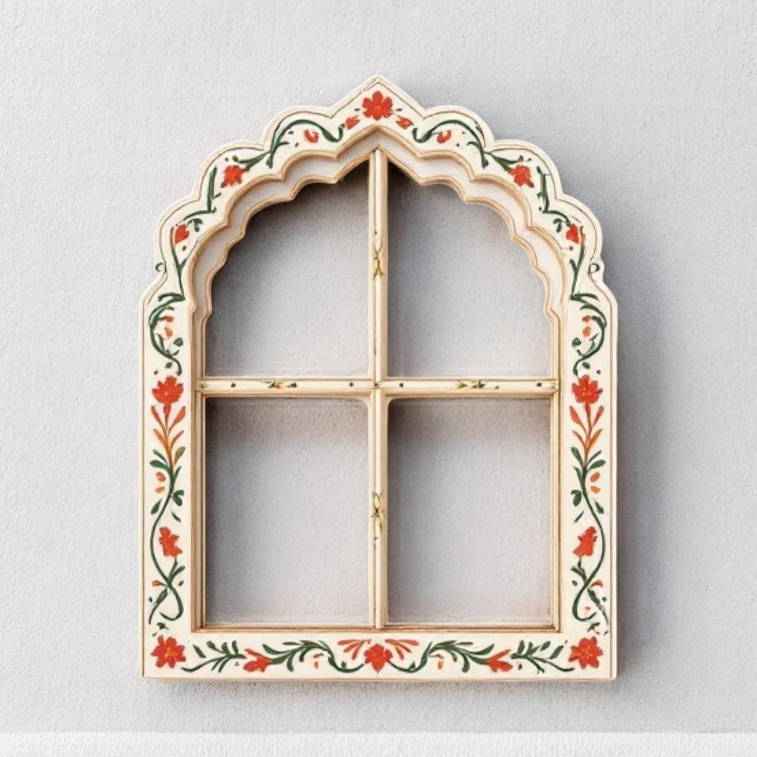 Decorative Wooden Jharokha Window Frame, Hand-Painted Floral