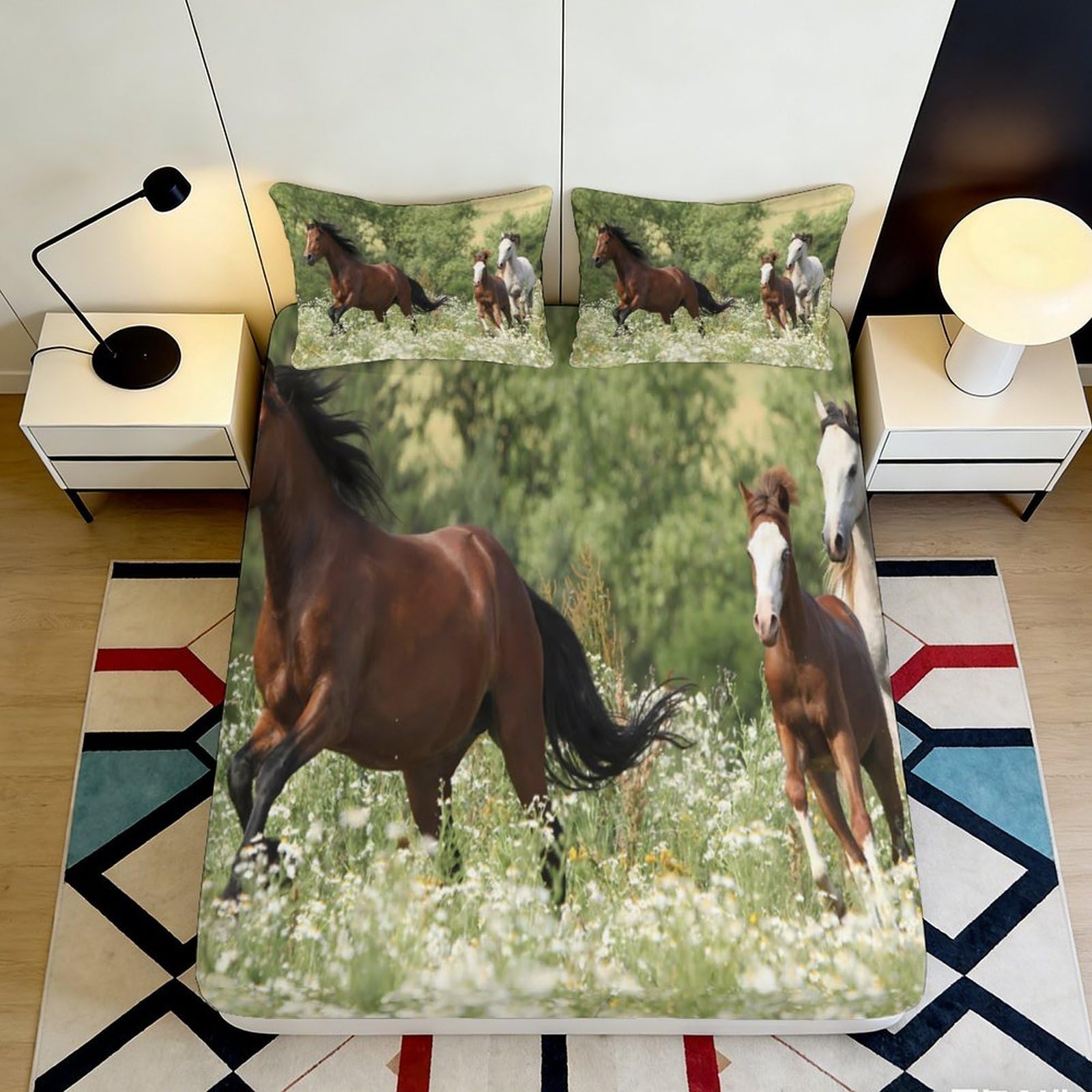 3D Printed Running Horses Fitted Sheet Microfiber Breathable Wild Meadow Bed Cover for Bedroom Dorm Mattress Decor 90x200x25cm