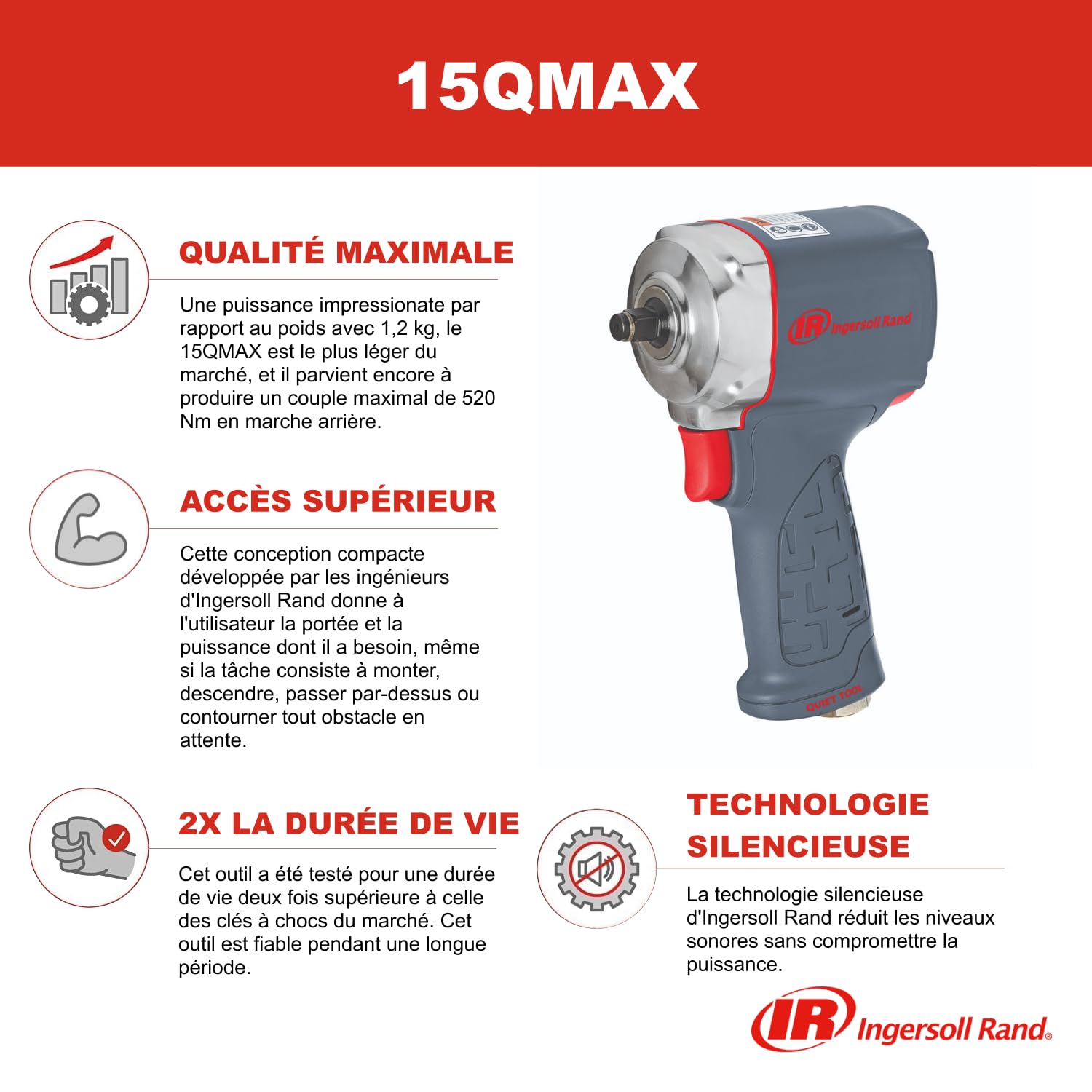 Ingersoll-Rand 15QMAX Clé à chocs pneumatique, 3/8 pouces, ultra compacte, couple maximum avec technologie silencieuse, outil robuste