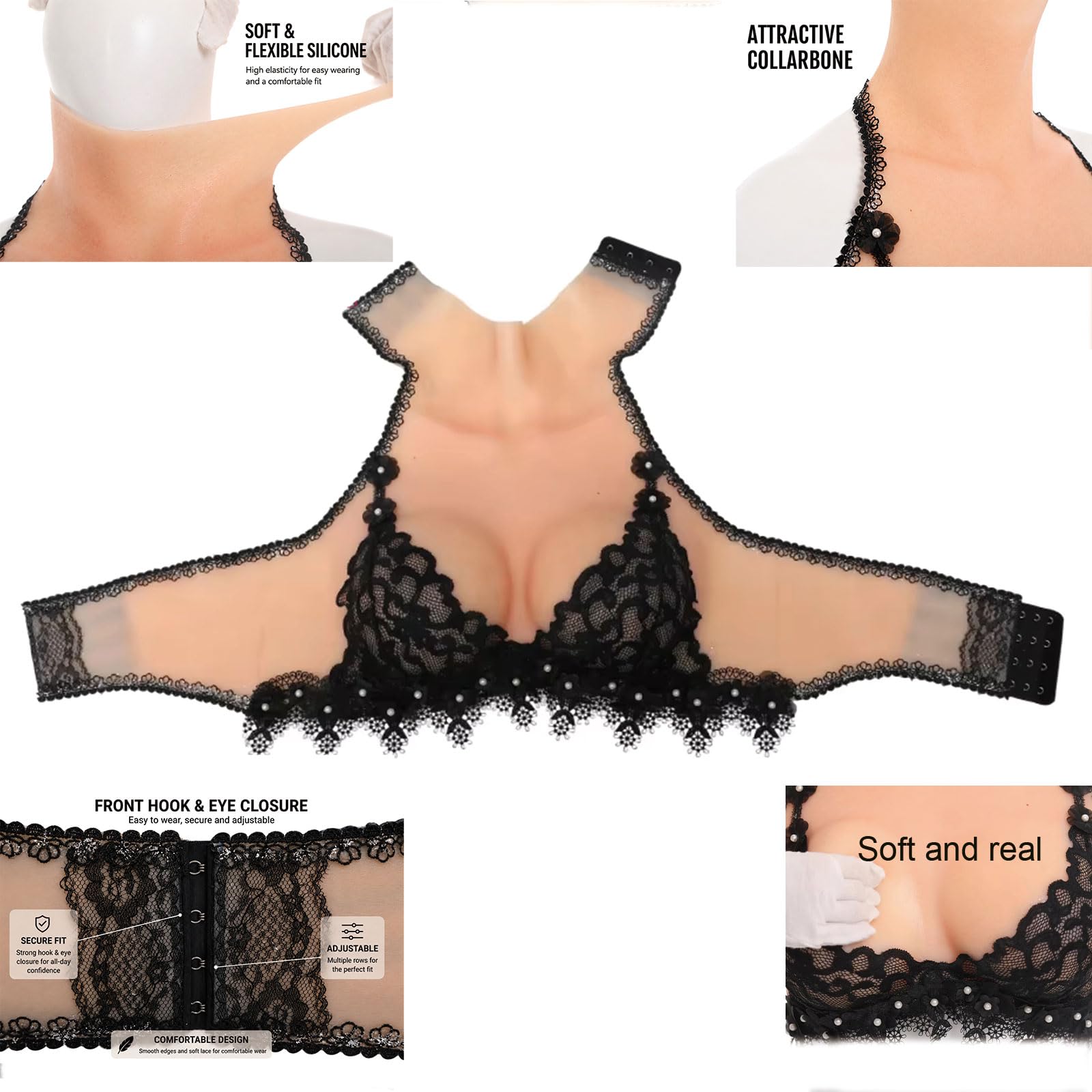 XSWL Reggiseno in Pizzo Nero con Protesi mammaria Silicone Coppa C | Protesi mammaria morbida in silicone coppa C con pizzo nero e bottoni, ideale per uso quotidiano dopo mastectomia