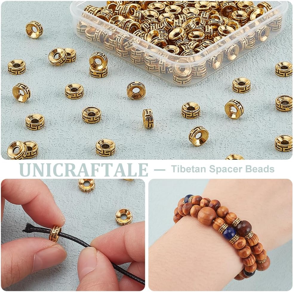 PH PandaHall 200pcs Tibetan Spacer Beads Antique Golden Flat Round Beads 7.5x3mm Carved Roundelle Spacer Beads Metal Loose Beads for Jewelry Bracelet Necklace Making DIY Crafts Hole 2.5-3mm - Image 4