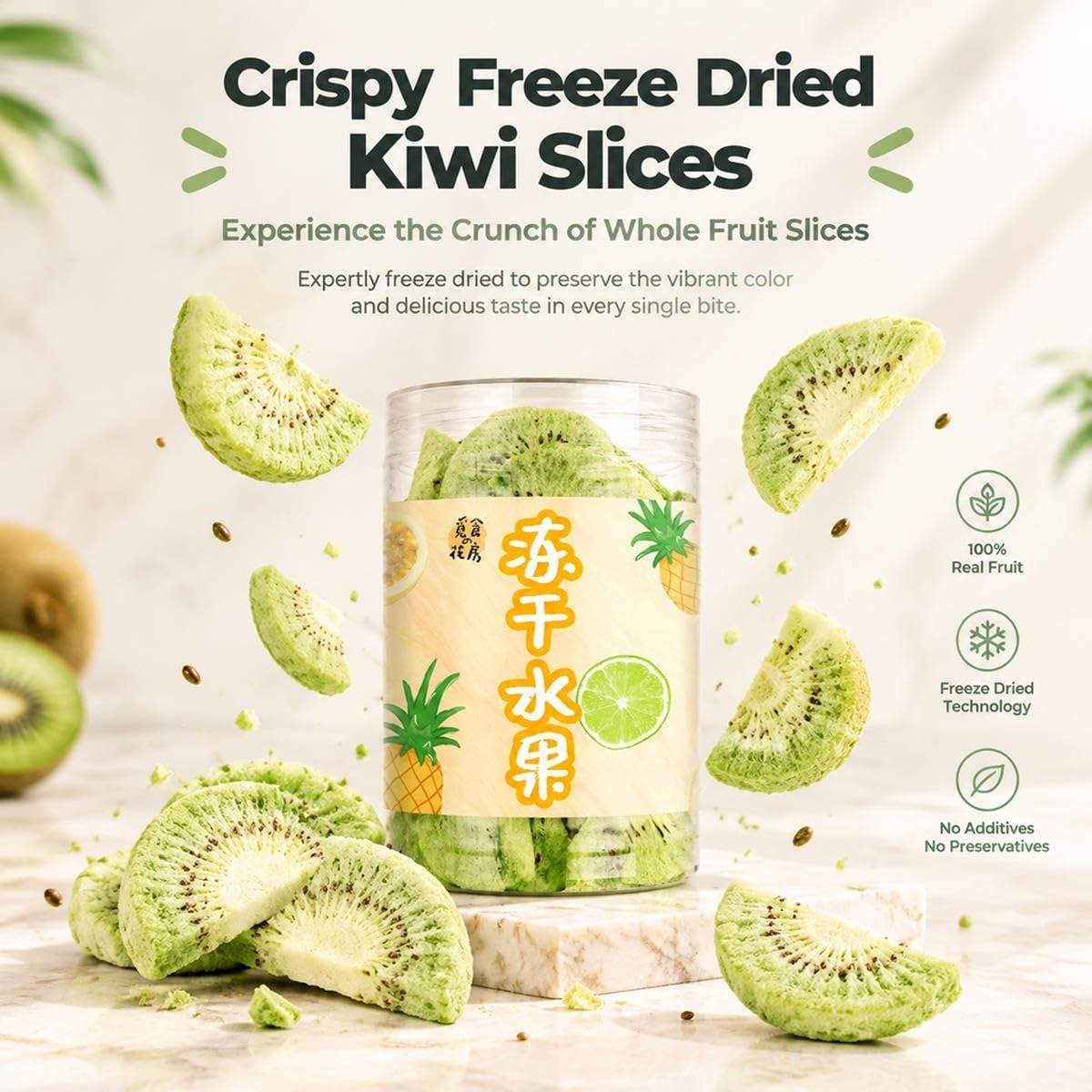 Kiwi Liofilizado en Rodajas 75g Bote Trozos de Fruta Deshidratada
