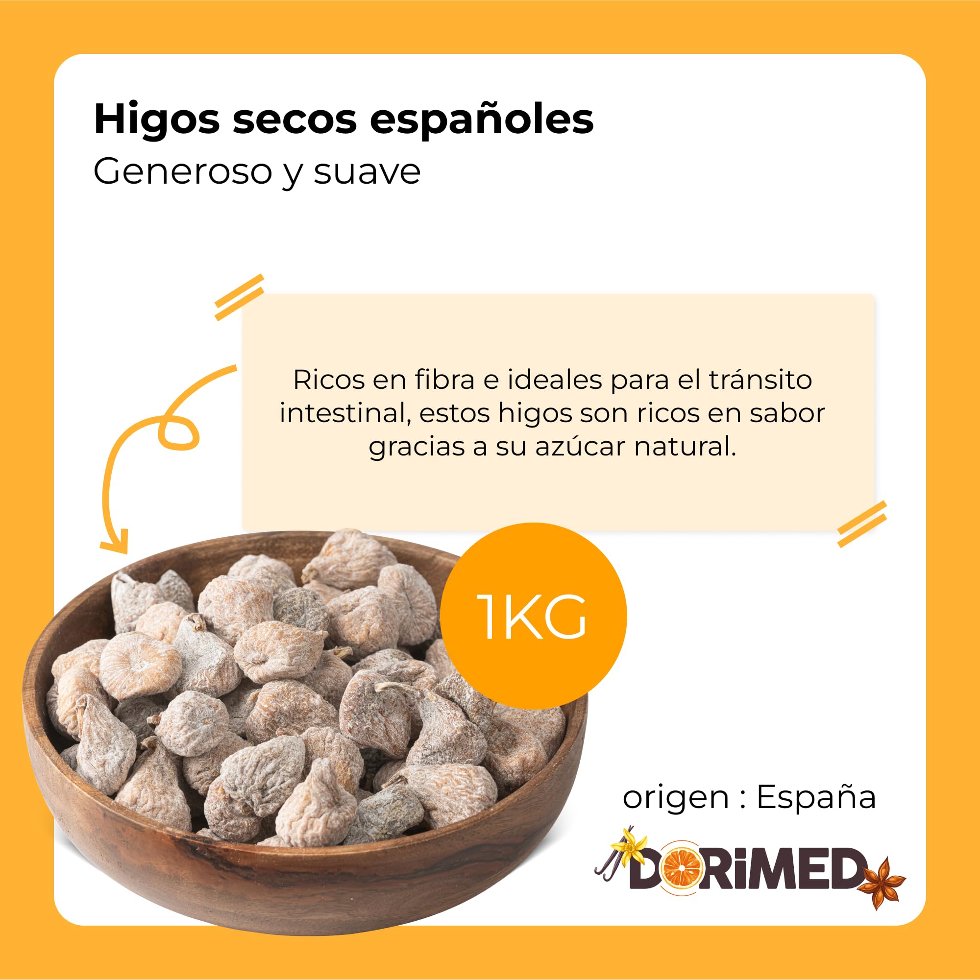 Higos Secos Españoles | 1 Kg de Higos Deshidratados | Sin Azúcar Añadida | Crudos y Enteros | Alto en Fibra y Minerales | IDEAL como SNACK | Dorimed