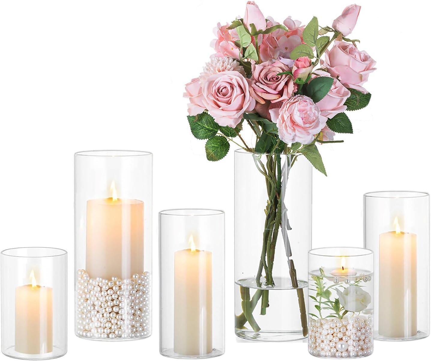 Hewory Hurricane Glass Candle Holders: 6 PCS Clear Hurricane Candle Holders for Pillar Candles Floating Candles, Glass Cylinder for Table Centerpieces Christmas Wedding Party Holiday Home Decor