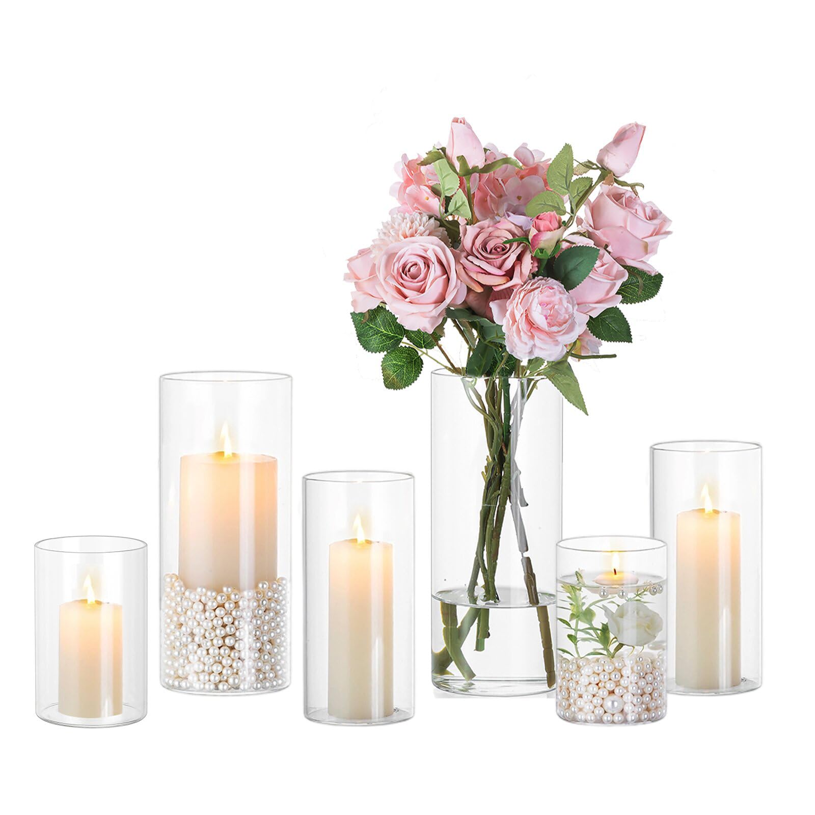Photo 1 of Hewory Hurricane Glass Candle Holders - 6 PCS, Clear, 3 Sizes