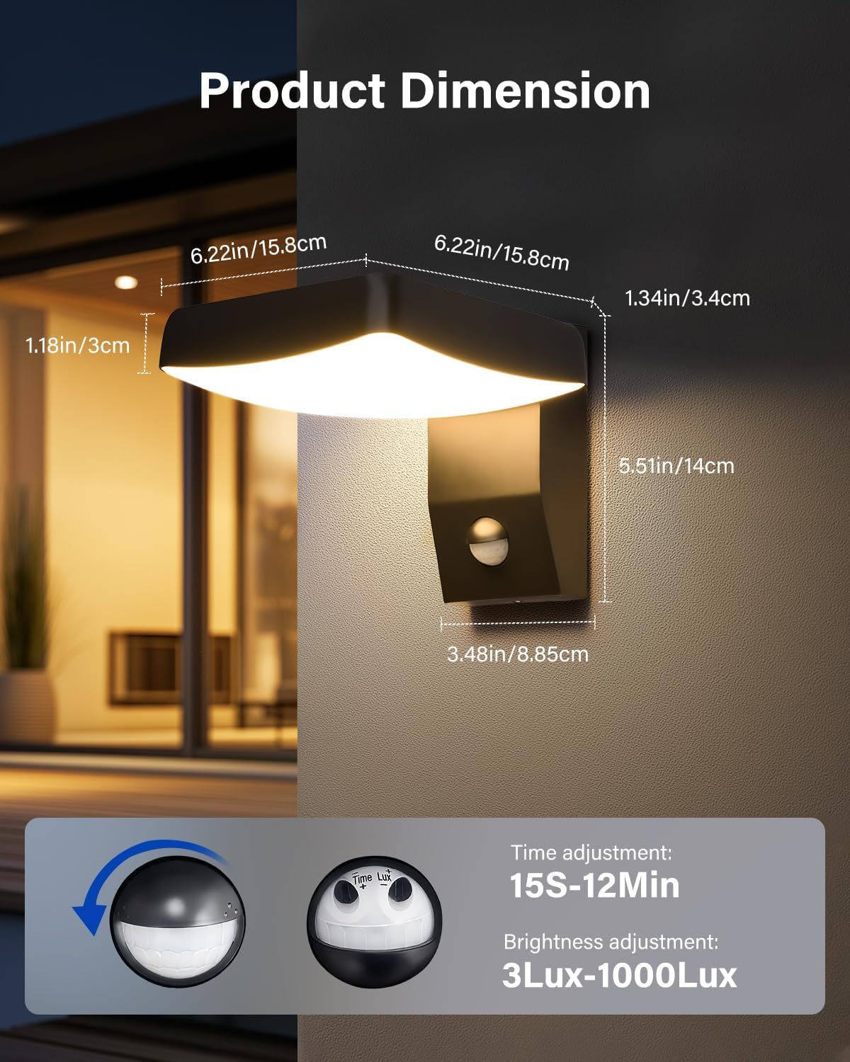 Lampa zewnętrzna 18 W z czujnikiem ruchu, wodoodporny obrotowy panel LED IP65, idealny do ganku, drzwi wejściowych, tarasu lub przedpokoju.