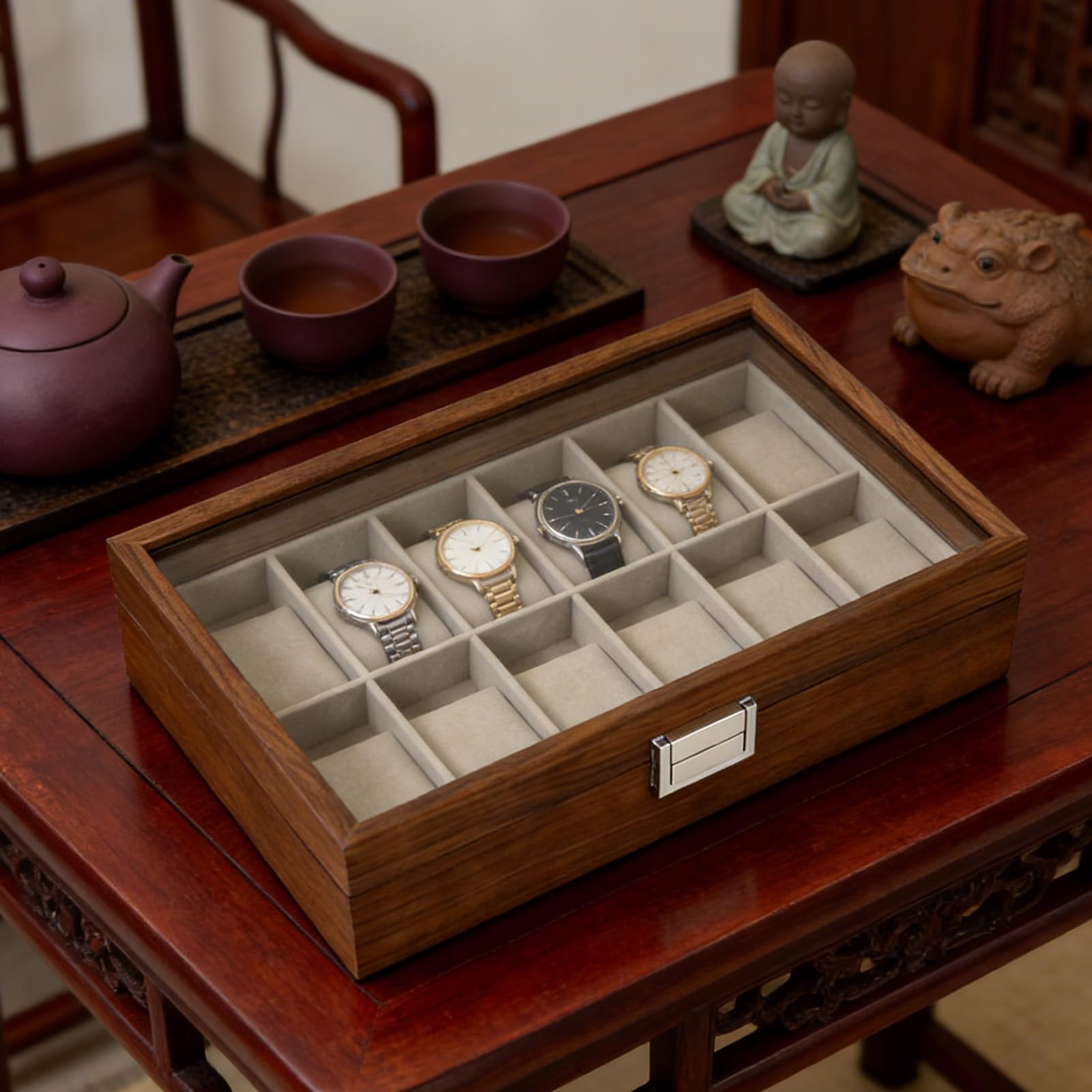 Buachois Watch Box Case, Estuche organizador de relojes de cuero con tapa de vidrio para colección