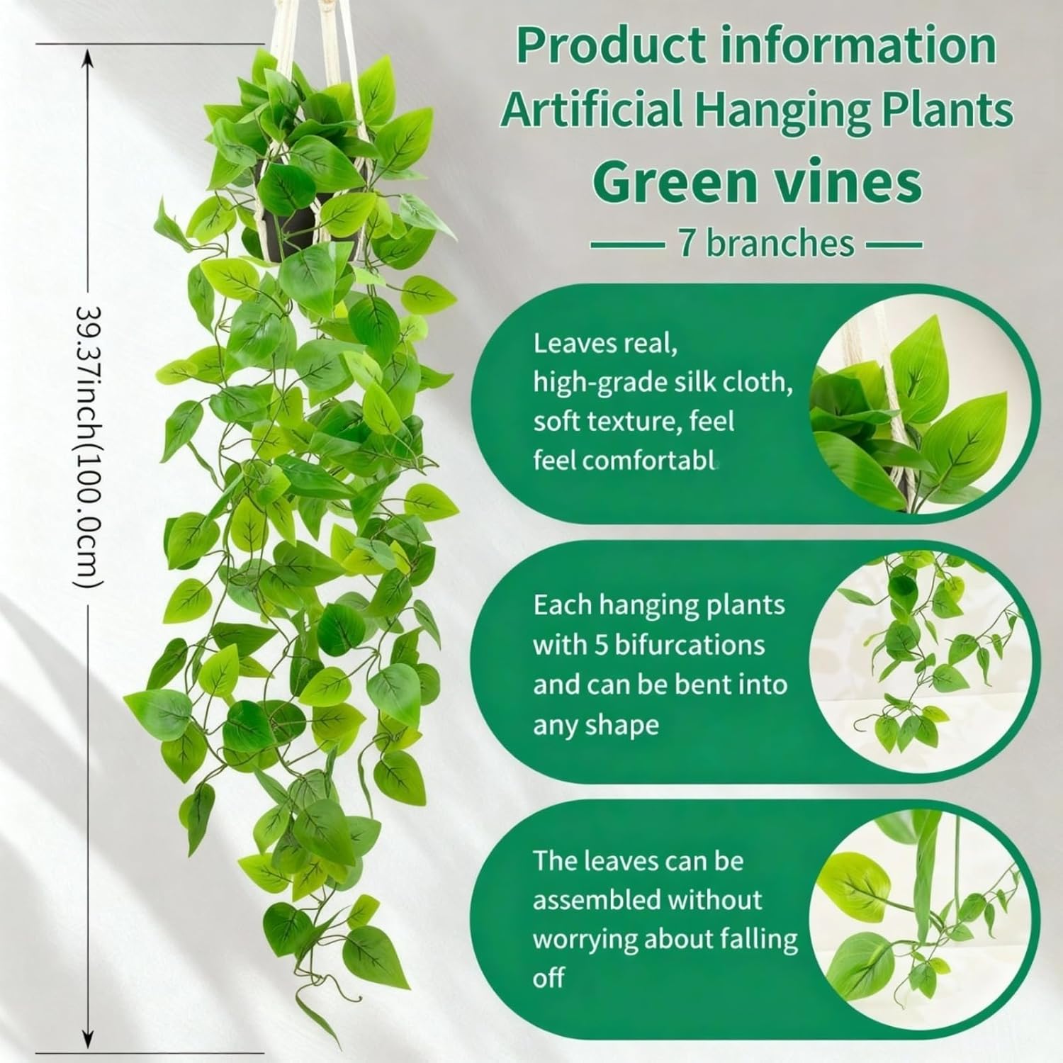 Fake Pothos in Rope - Hanging Pot, Artificial Pothos Plants for Home Decor Indoor Macrame Plant Hanger with Faux Vine Hanging Planter Greenery for Bedroom Bathroom Kitchen Office Decor - Image 2