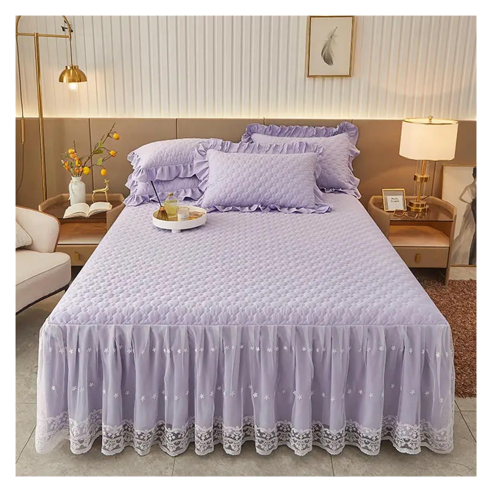 Bed Skirt Cotton Bedding Quilted Lace Embroidery Ruffles Mattress Cover Bedspread Pillowcases 1/3Pcs(Light Purple,3pcs design 180x220)