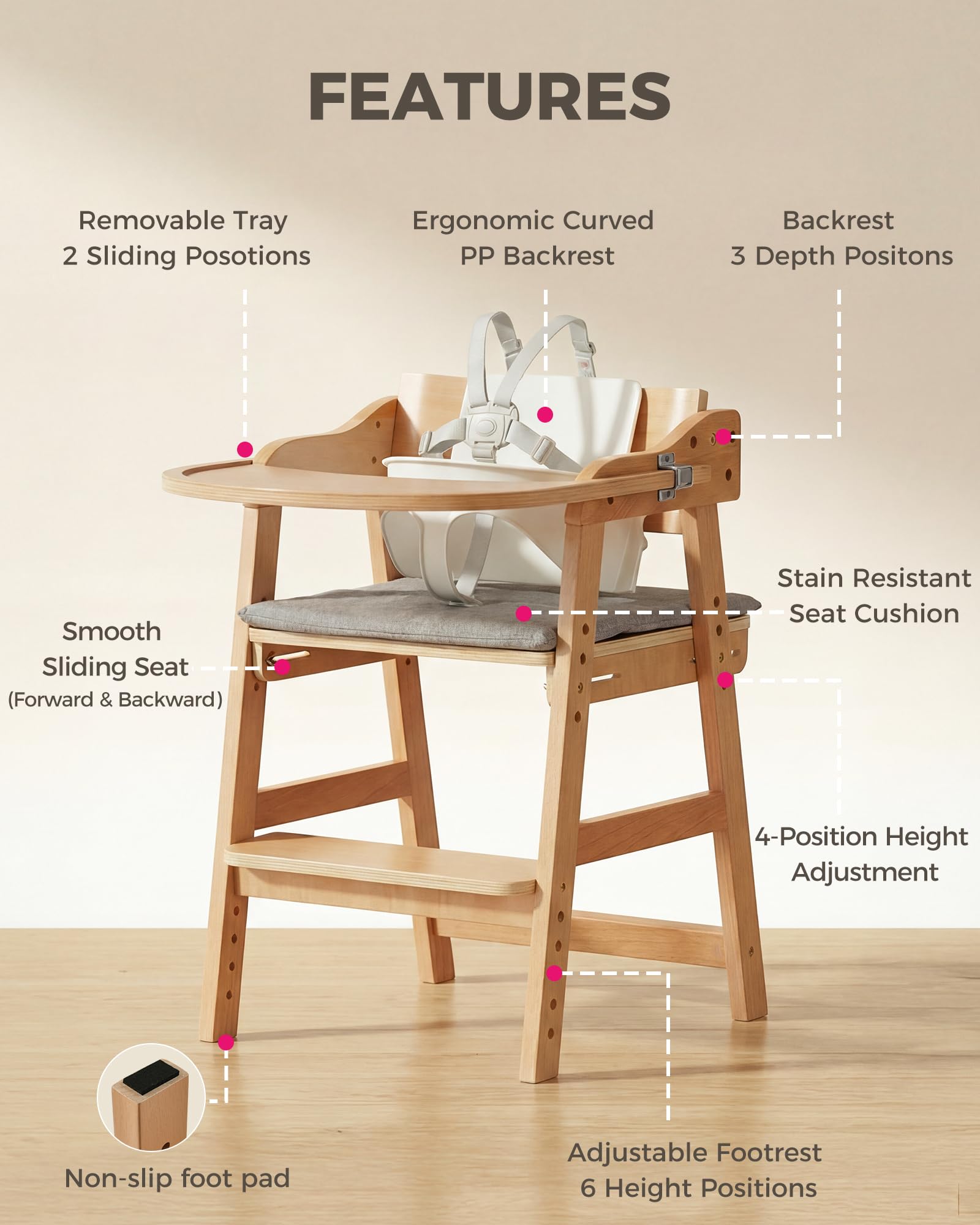 ONTHEWEI Wooden Baby High Chair for Babies, Toddler & Adult Up to 330Lbs, Anti-Tip Adjustable High Chair with Detachable Tray, Baby Sets, Soft Cushion, Ergonomic & Easy Clean