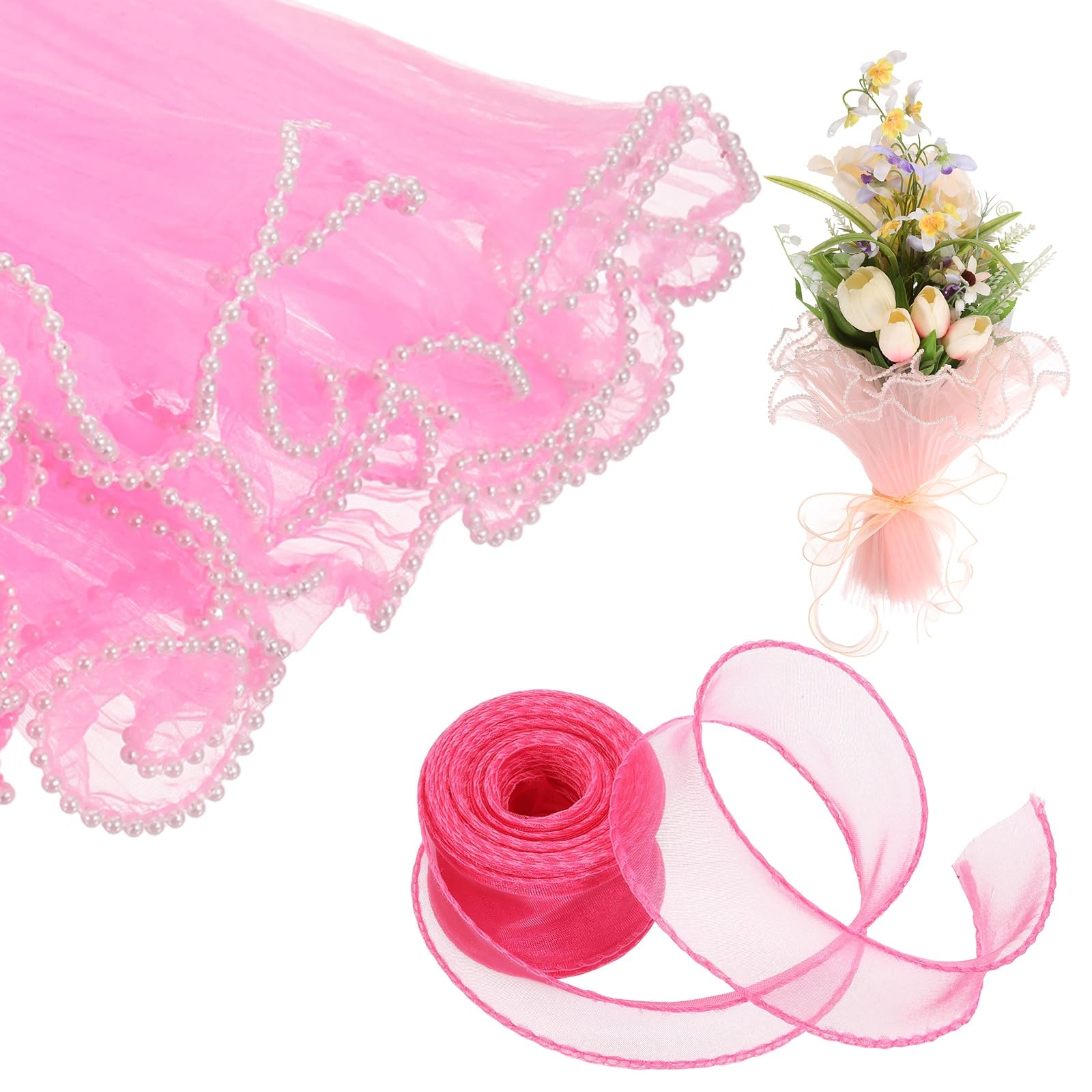 sourcing map 4 Yards Flower Wrapping Mesh Paper Pearl Edge Bouquet Floral Packaging Paper with Organza Ribbon for Valentine's Day Wedding Birthday Florist Supplies, Water Pink/Rose Red