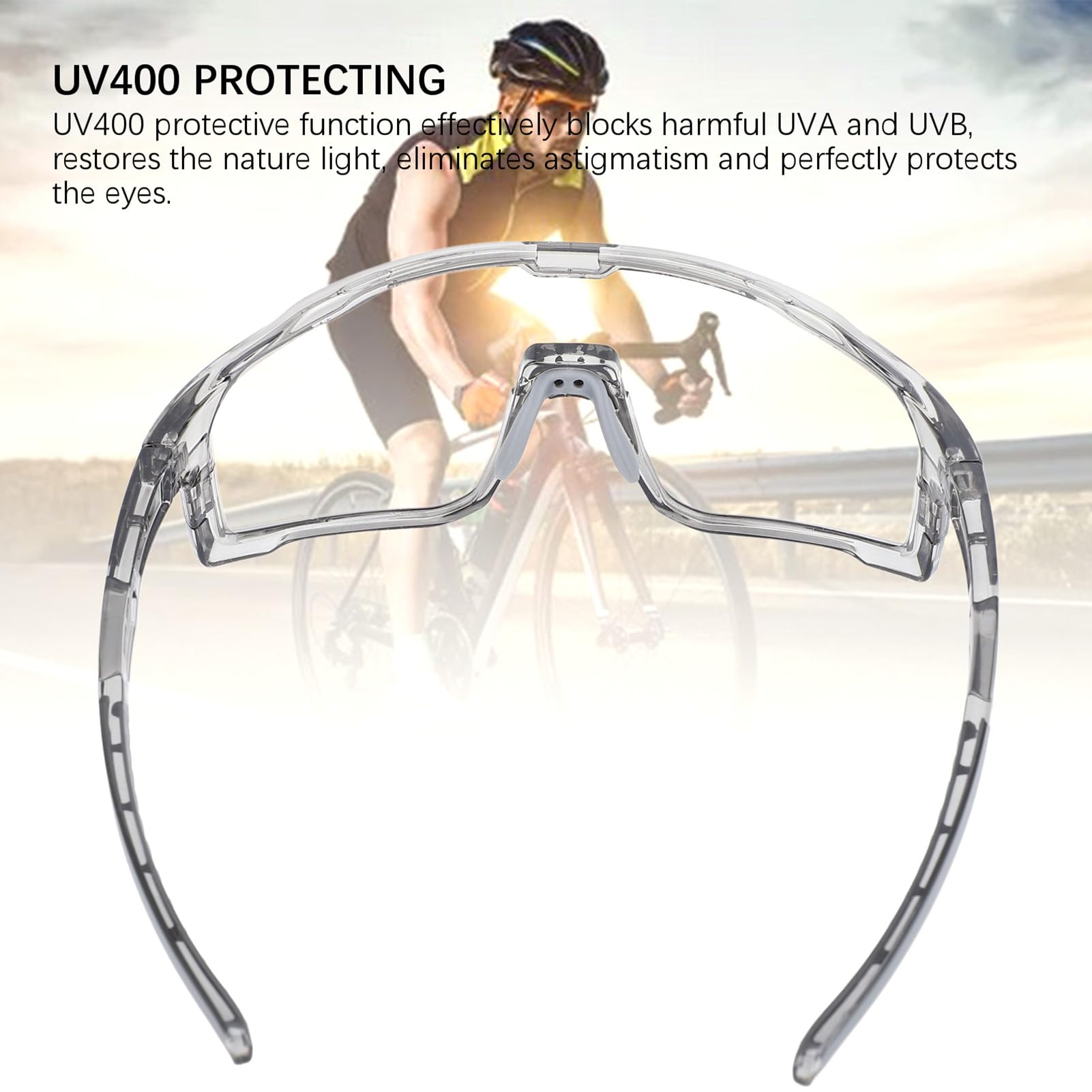 Okulary Rowerowe, Wielofunkcyjne Sportowe Okulary Przeciwsłoneczne UV400 Wiatroodporne Fotochromowe Okulary Rowerowe z Szarymi Przezroczystymi Soczewkami Srebrne Soczewki