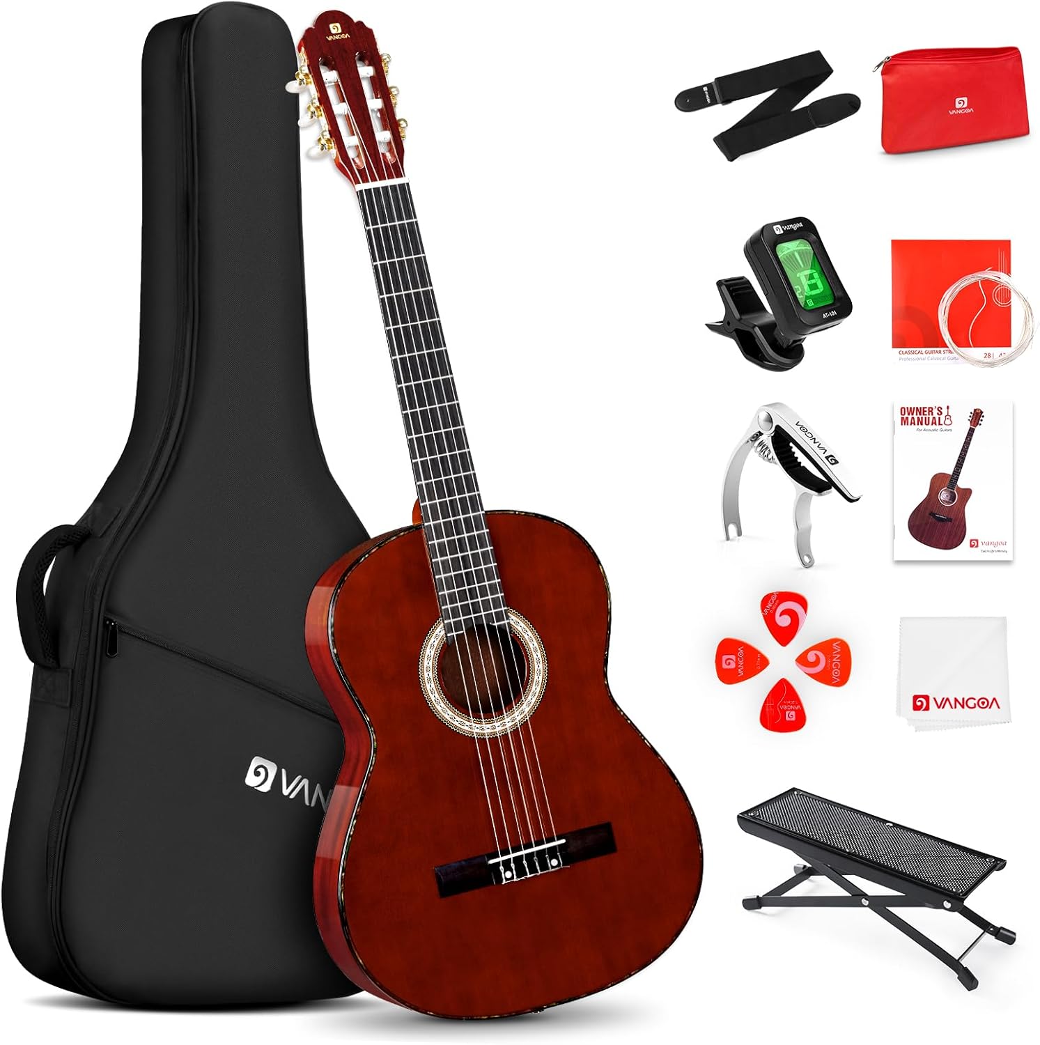 classical guitar full size 4/4 spanish style classical guitarra, 39 inch nylon strings guitar ideal for beginner adults, solid rosewood red, by vangoa 4/4 rosewood