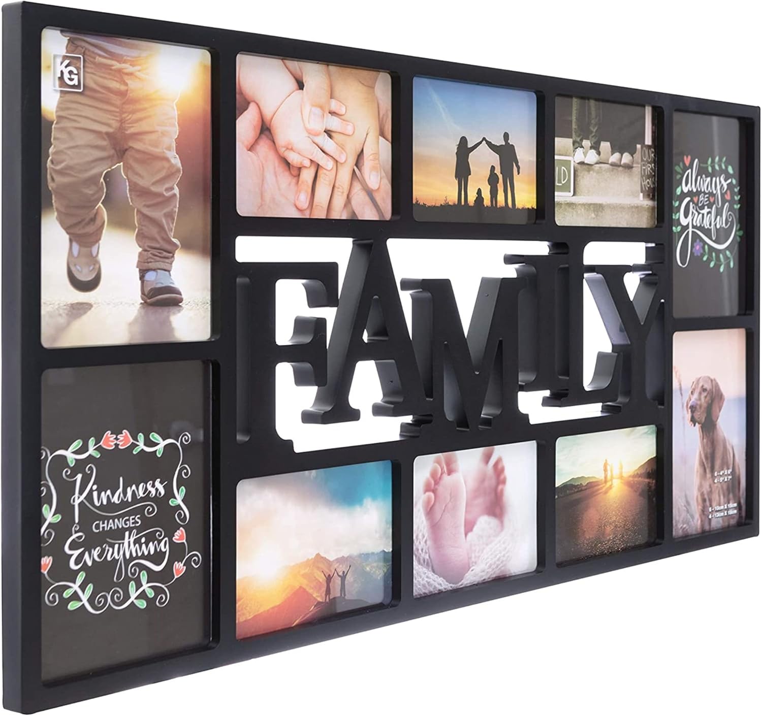 Kiera Grace Family 10 Opening Collage Frame - 15" by 29", Fits 4 - 5" x 7" and 6 - 4" x 6" Photos, Black