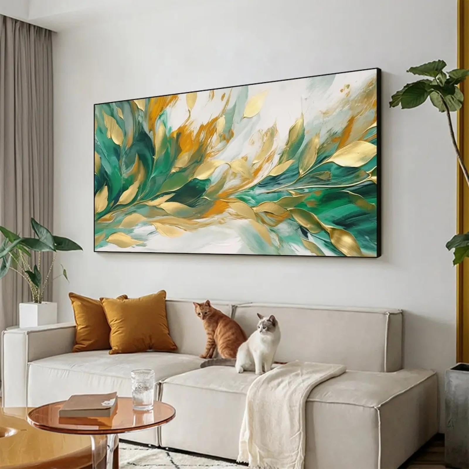 Cuadro abstracto de hojas modernas grandes sobre lienzo, decoración artística dorada, planta verde, pintado a mano, arte de pared para sala de estar, 70 x 140 cm (28 x 55 pulgadas), con marco dorado.