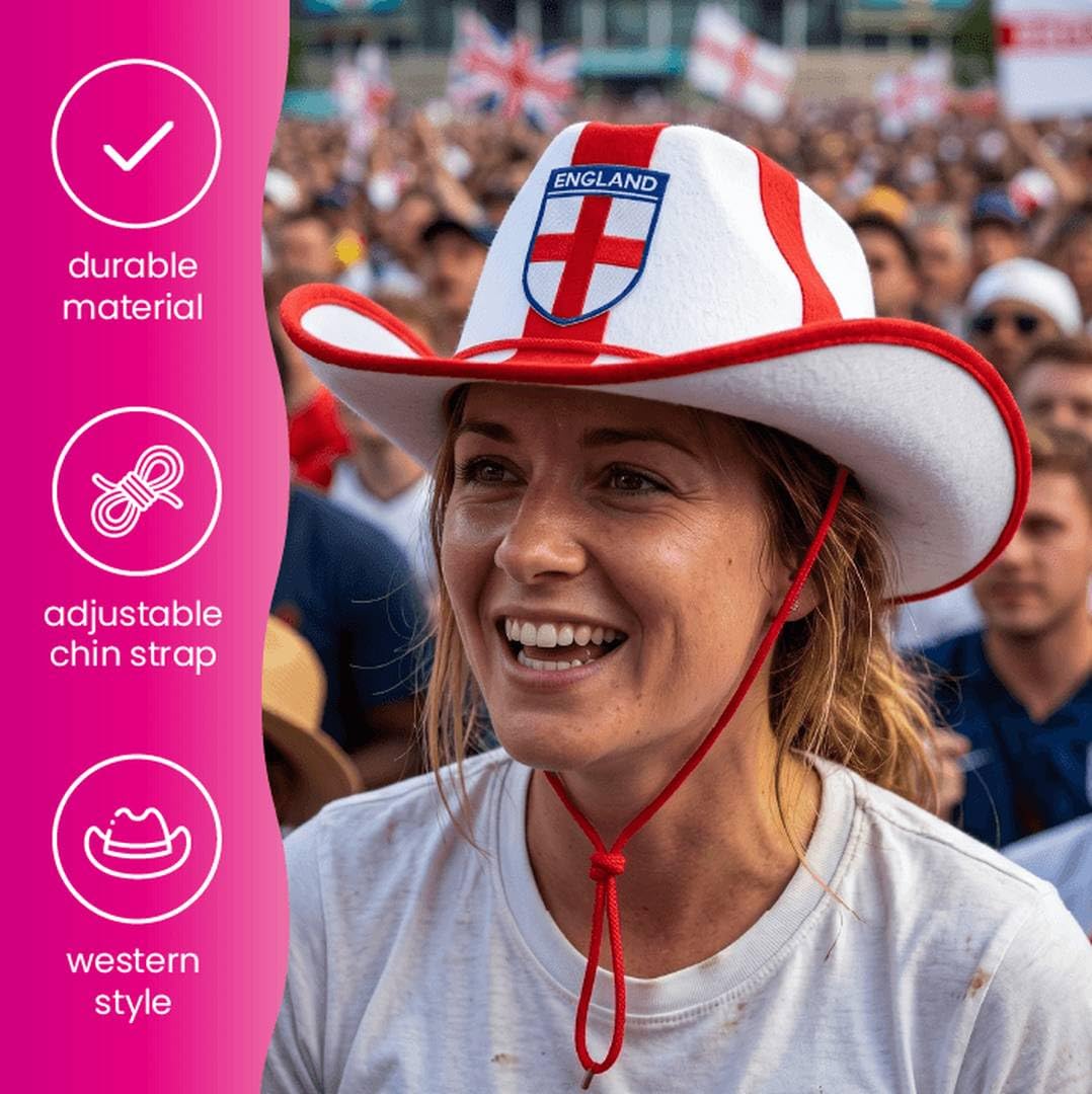 Sombrero de vaquero de Inglaterra con cruz de San Jorge, sombrero de disfraz occidental, accesorio de fiesta con bandera inglesa, accesorio para rugby, críquet, fútbol, Copa del Mundo, Euros