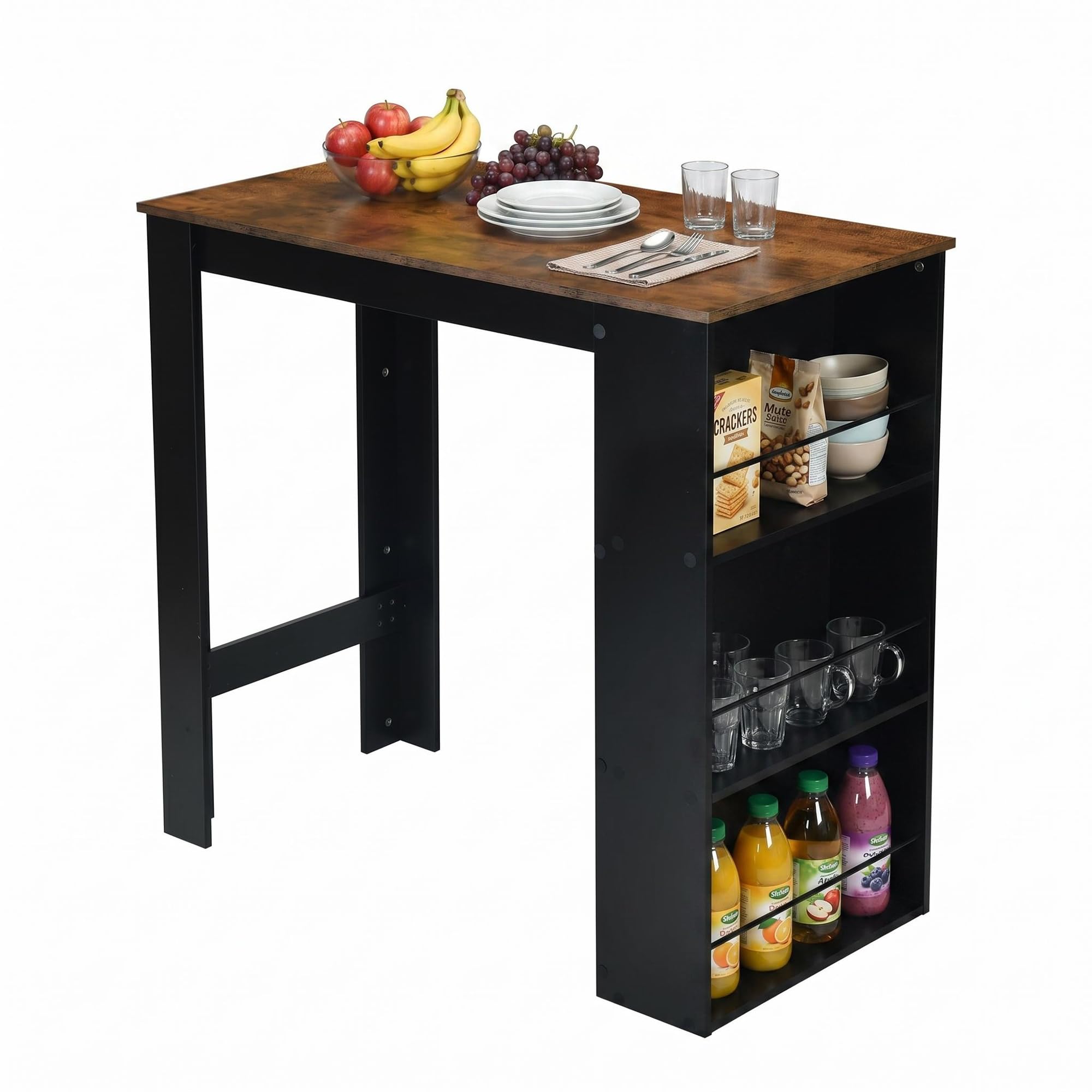 buybyroom Kitchen Counter, Bar Table with 3 Storage Shelves, High Kitchen Table, High Bar Table for Dining Room, Living Room, & Kitchen, 112×57×106 cm, Black + Oak Color