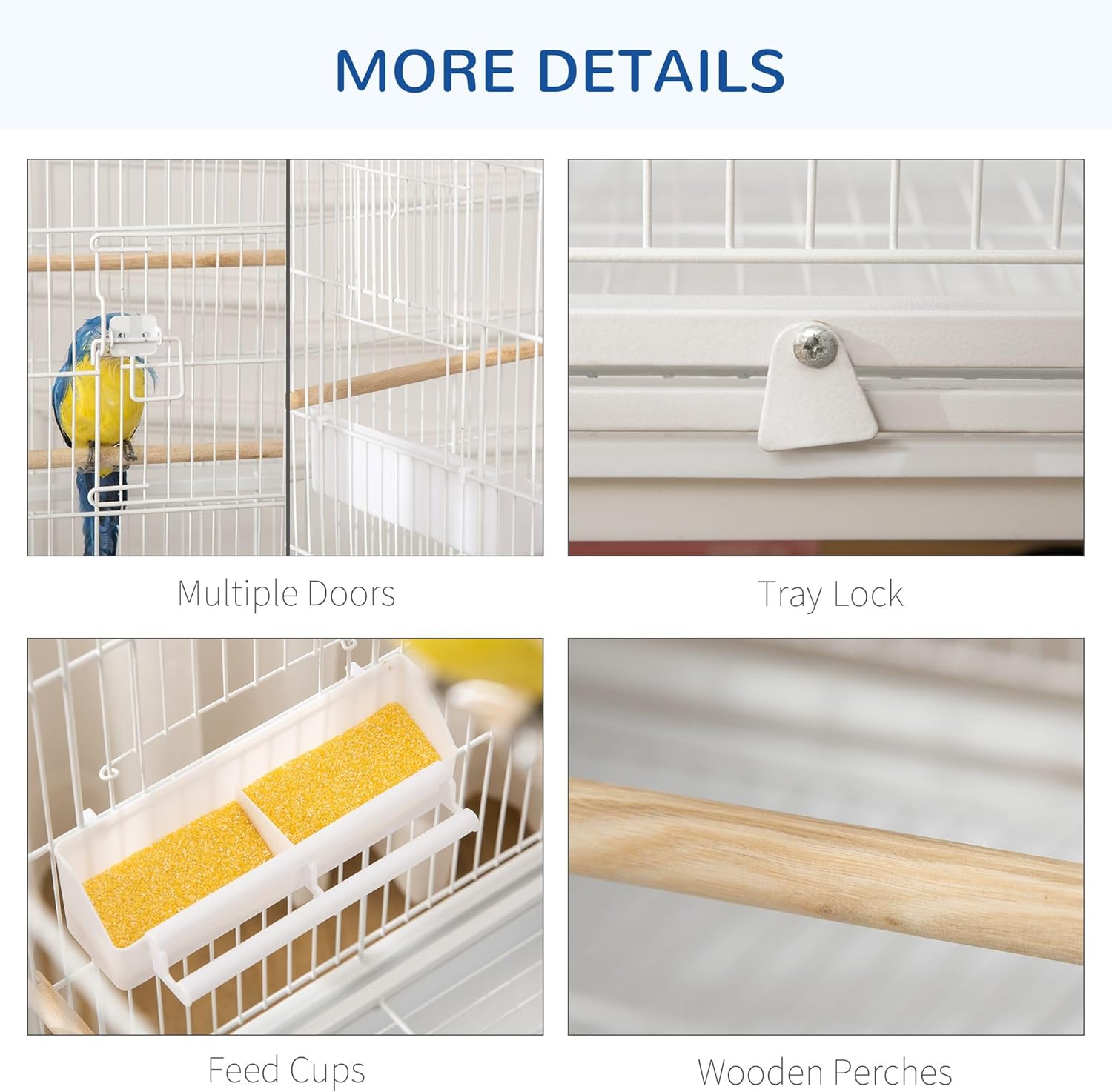 52" Large Rolling Steel Bird Cage with Wood Perch and Food Container, White Bird House on Wheels with Storage Shelf for Parrots Cockatiels and Small to Medium Birds