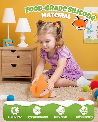 Miniatura 5 de Linda luz nocturna de zorro, lámpara de animales, silicona de grado alimenticio, recargable, 2 niveles regulables, luz nocturna blanda para