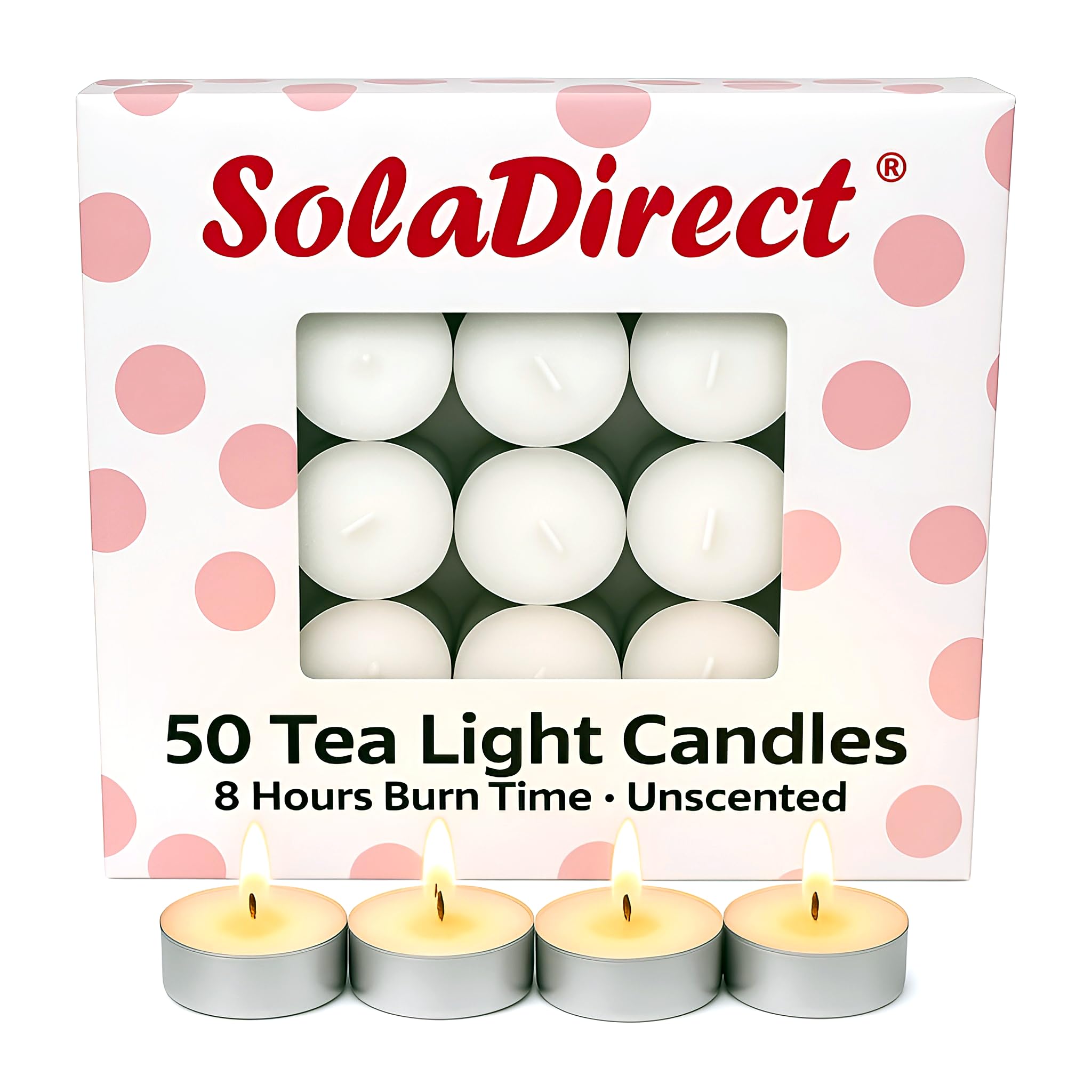 Soladirect White 8 Hour Tealights Pack Of 50 - Long Burn Unscented Smokeless Tea Light Candles 38 Mm X 25 Mm - Bulk Wedding Party Catering Home Table Decor - Clean-Burning Wax - Indoor Outdoor Use